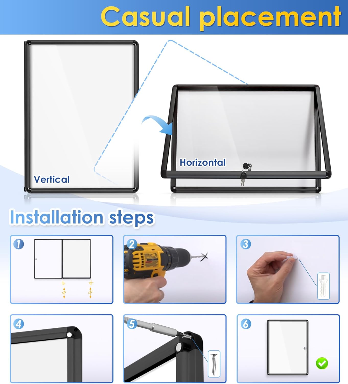 SWANCROWN Enclosed Notice Board Magnetic Bulletin Boards for Office with Locking Door,Black Frame, 26x20inch(4XA4