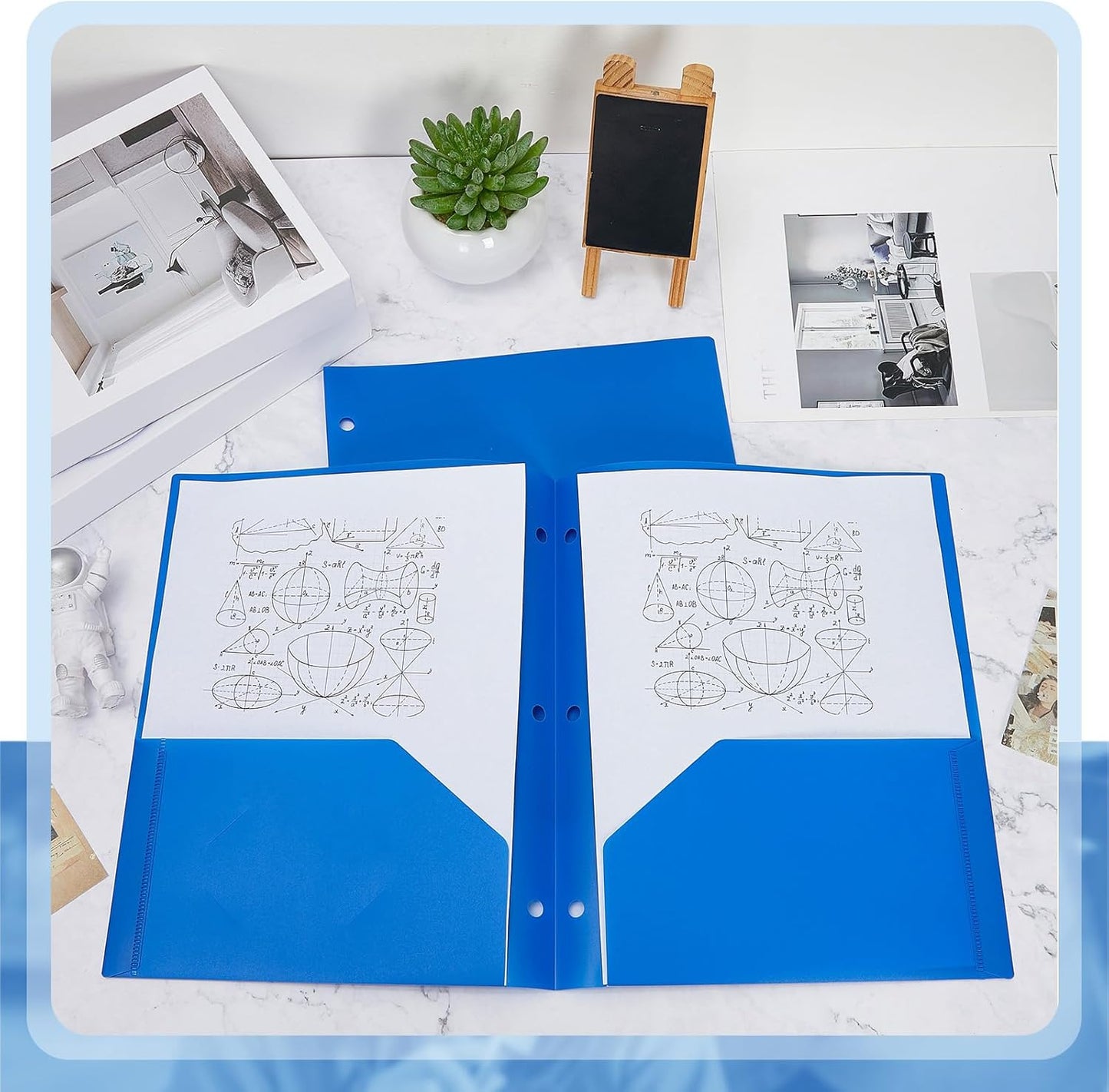 Yeaqee 100 Pcs Plastic Folders with Pockets Bulk 3 Hole Punched 2 Pocket File Folders for 3 Ring Binder Divider Folder for Notebooks, Durable Poly for Office Home (Blue)