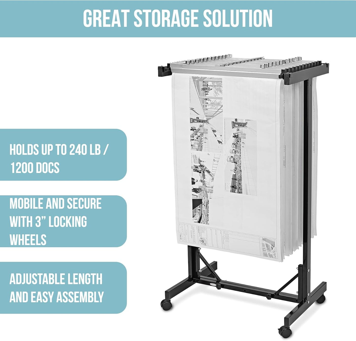 Adir Blueprint Rack and Clamps - 12 Pack of Blueprint Clamp and Mobile Blueprint Rack, Heavy-Duty Large Document Storage Solution for Blueprints, Posters, Maps, & Construction Plans