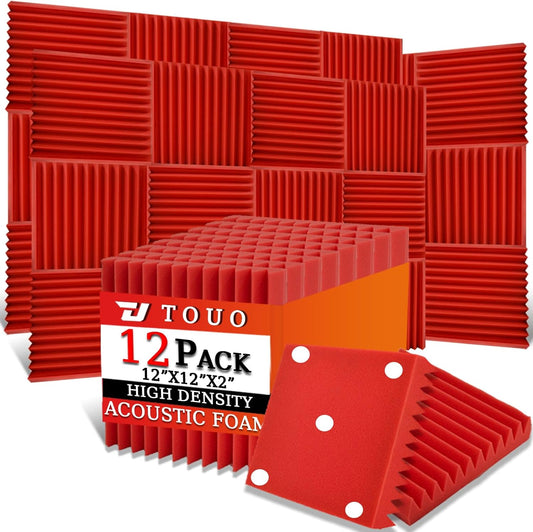 12 Pack Acoustic Panels – Sound Proof Foam Panels for Wall 12"x12"x2", Flame Retardant Wedge Acoustic Foam, High-Density Sound Absorbing Panels for Home Studio(Red, 2" Thick 12 Pack)