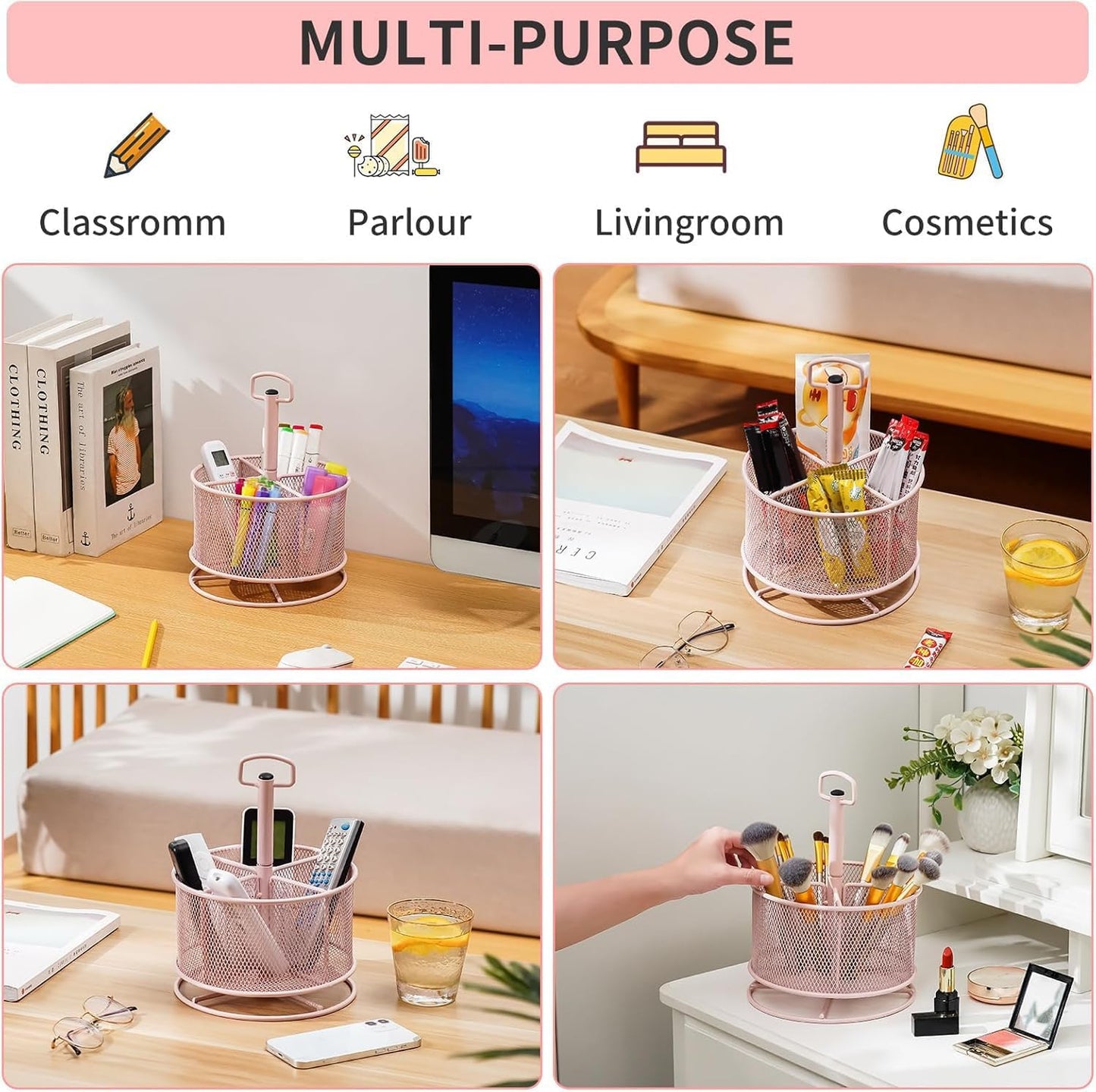 Marbrasse Mesh Desk Organizer, 360-Degree Rotating Multi-Functional Pen Holder, 4 Compartments Desktop Stationary Organizer, Home Office Art Supply Storage Box Caddy (Pink)