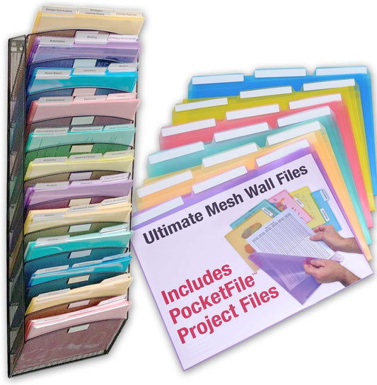 Ultimate Office Mesh Wall File Organizer, 12 Tier Vertical Mount Hanging File Sorter. Multipurpose Display Rack Includes 18, 3rd Cut PocketFile Clear Document Folder Project Pockets (Black)