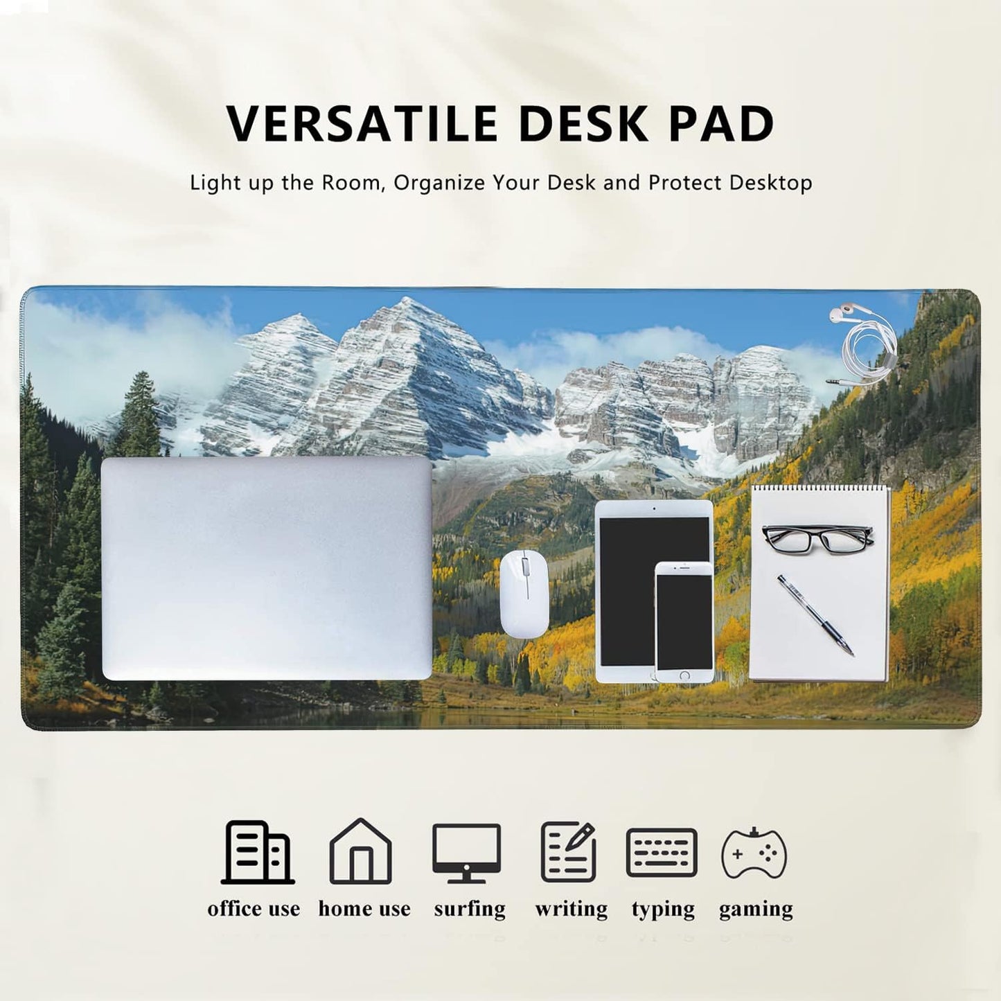 Maroon Bells Peaks and Golden Aspens Extended Gaming Mouse Pad Large Desk Mat with Non-Slip Rubber Base and Stitched Edges,Keyboard Mouse Mat Desk Pad for Work,Game,Office,Home 35.4 * 15.7 Inch