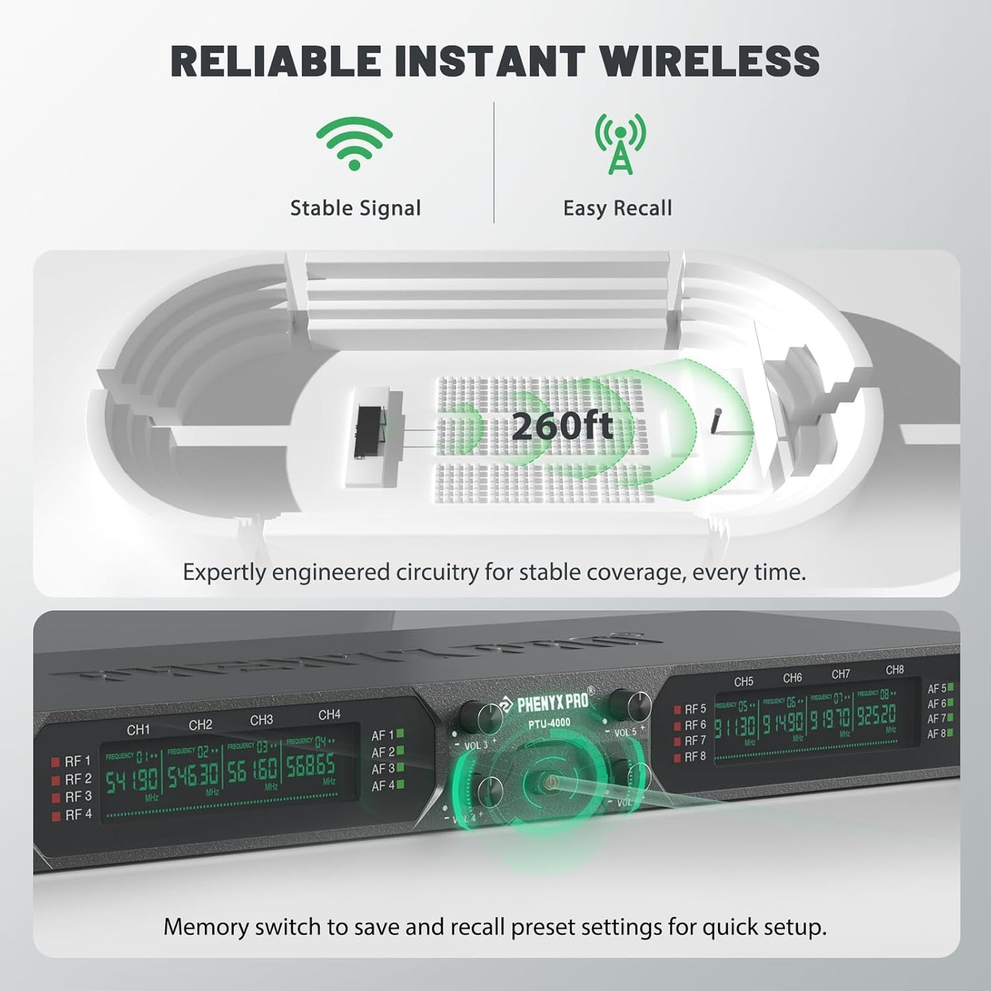 Phenyx Pro Wireless Microphone System, 8-Channel UHF Cordless Mic with Metal Handheld Wireless Mics, Fixed Frequency Dynamic Microphone for Karaoke,Church,Singing,DJ,260ft Range (PTU-4000-8H)