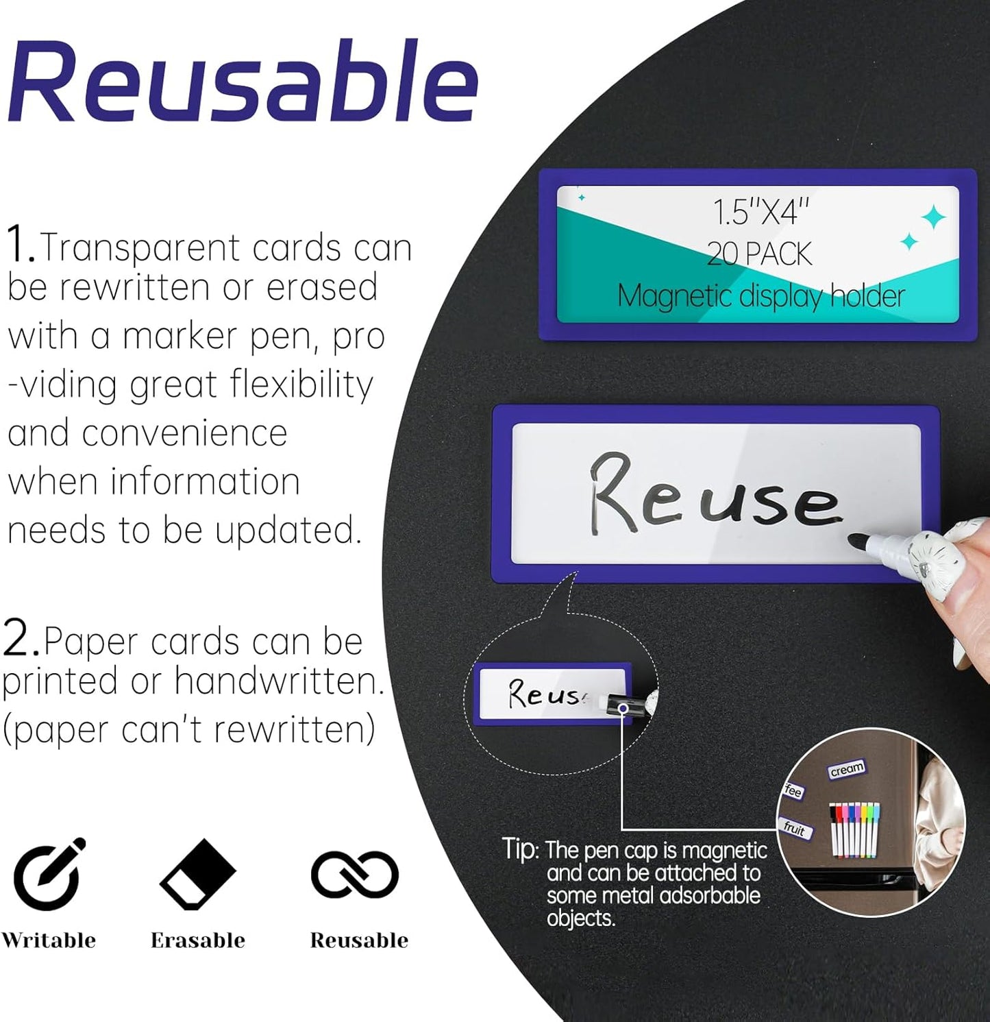 20Pcs Magnetic Plastic Label Holder 1.5x4 inch for Supermarket Store Price Tag Metal Shelf File Storage Cabinet Drawer Label Tag Resuable with 8 Color Chalk Makers, 20Pcs White Paper (Blue)