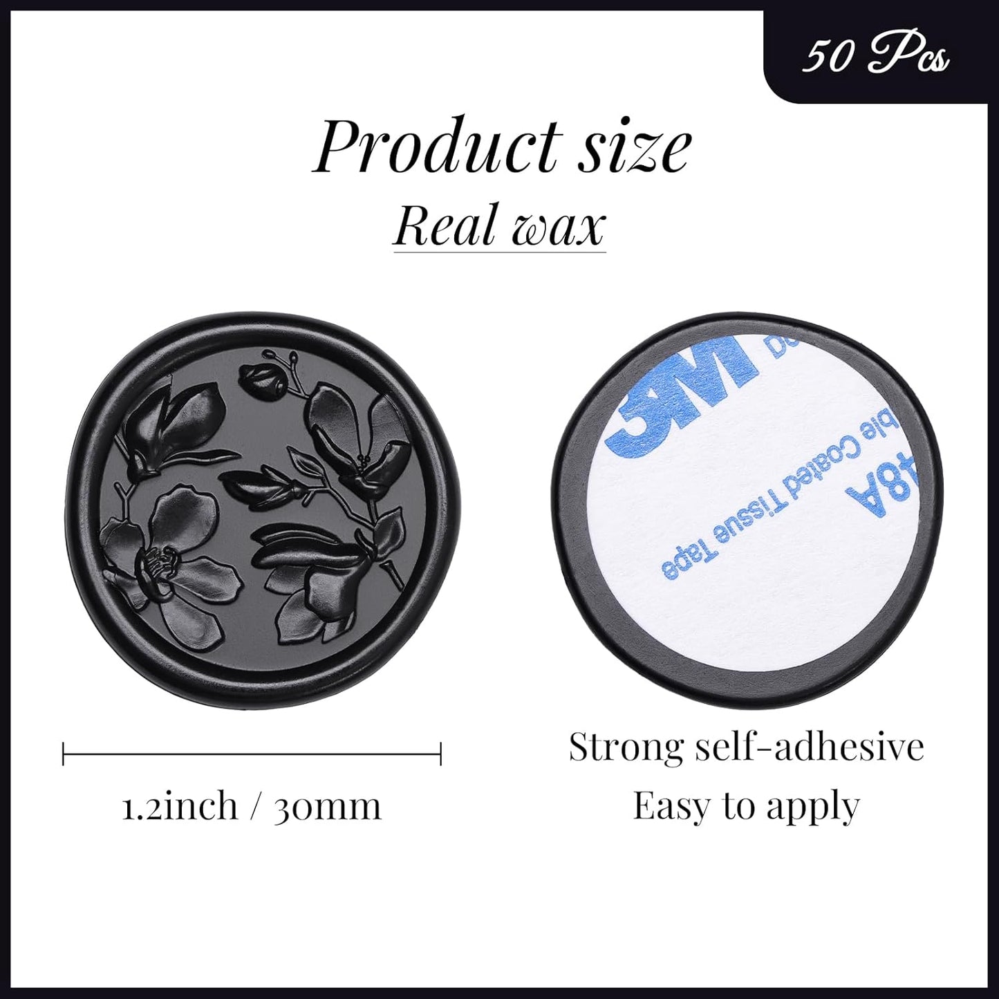 UNIQOOO Wax Seal Stickers - 3D Magnolia Wedding Invitation Envelope Botanical Seal Sticker, 50 Pcs Self- Adhesive Black Stickers, Perfect for Invitation, Christmas, Gift Wrapping, Party