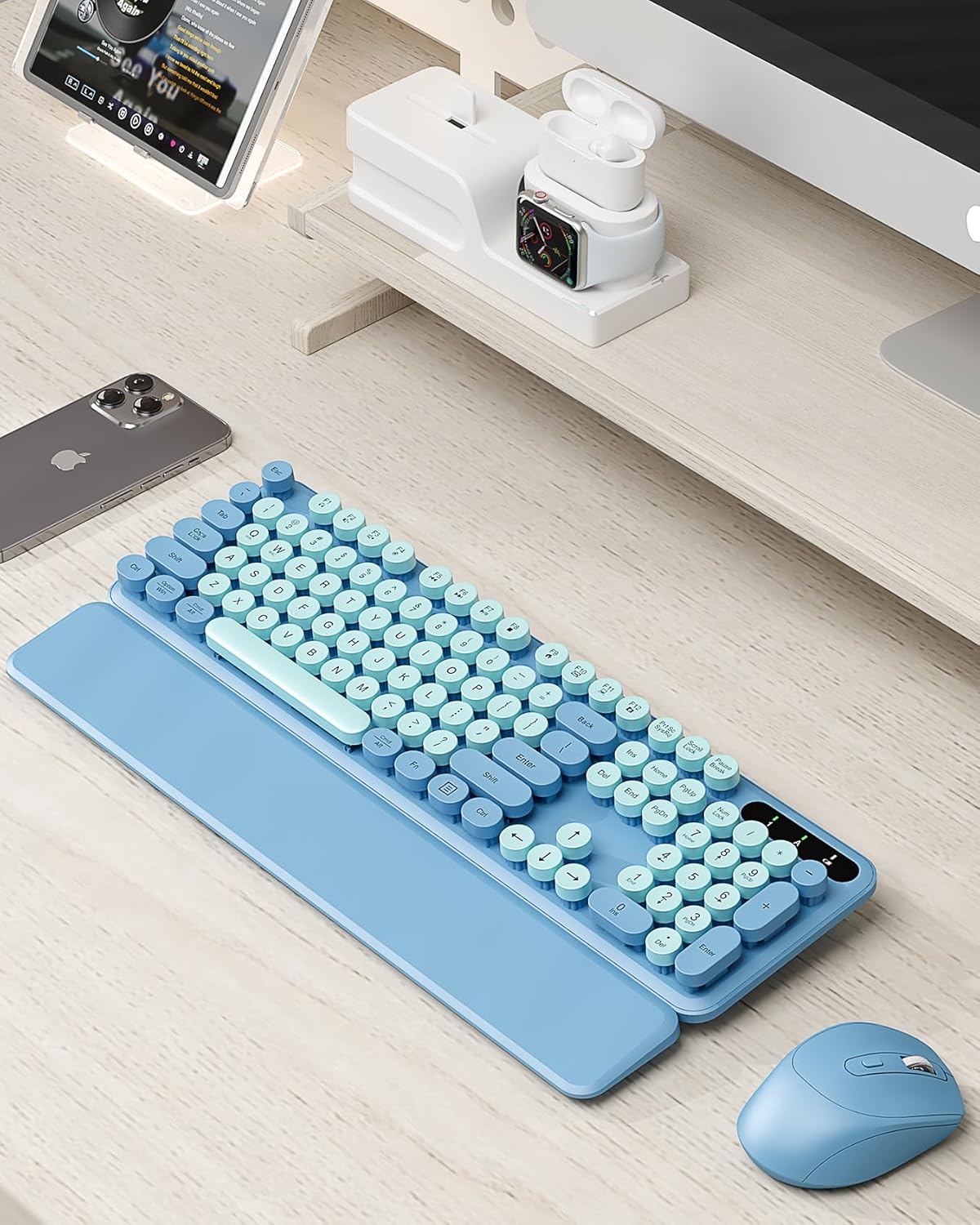 Wireless Keyboard and Mouse Combo - Cute Typewriter Keyboard with Detachable Wrist Rest, Retro Round Keycaps, Foldable Legs, 2.4GHz Full-Size for PC, Laptop, Windows - Trueque (Glacier Blue)