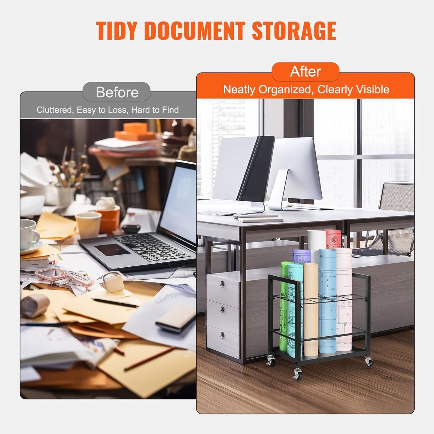 VEVOR Blueprint Storage Rack, 12 Slots Blueprint Holder with Wheels, Mobile Metal Storage Cart for Map Poster Architectural Construction Plan, Roll File Organizer for Home, Office, School