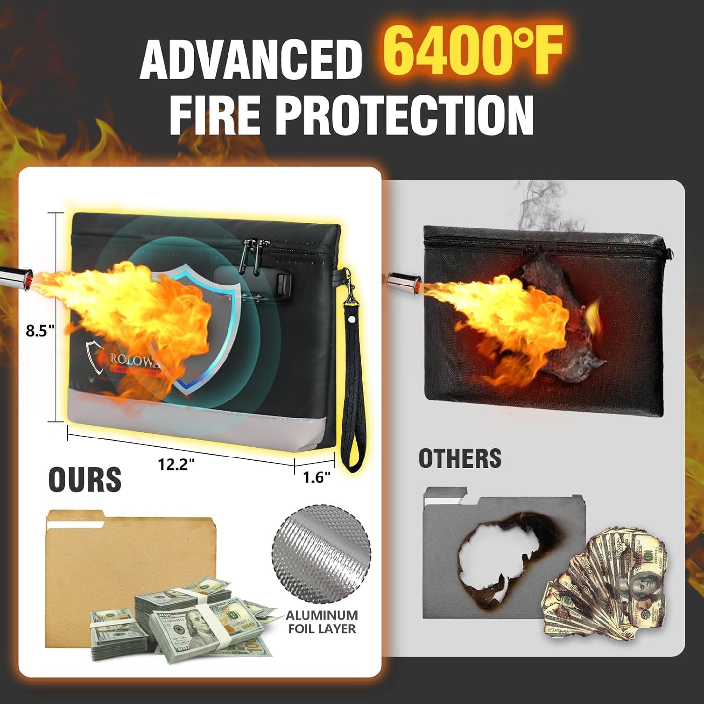 ROLOWAY Fireproof Money Bag with Lock for Cash, 6400°F Fire Proof Document Bag (12.2 x 8.5 x 1.6 inches), Money Pouch with Zipper (Black)