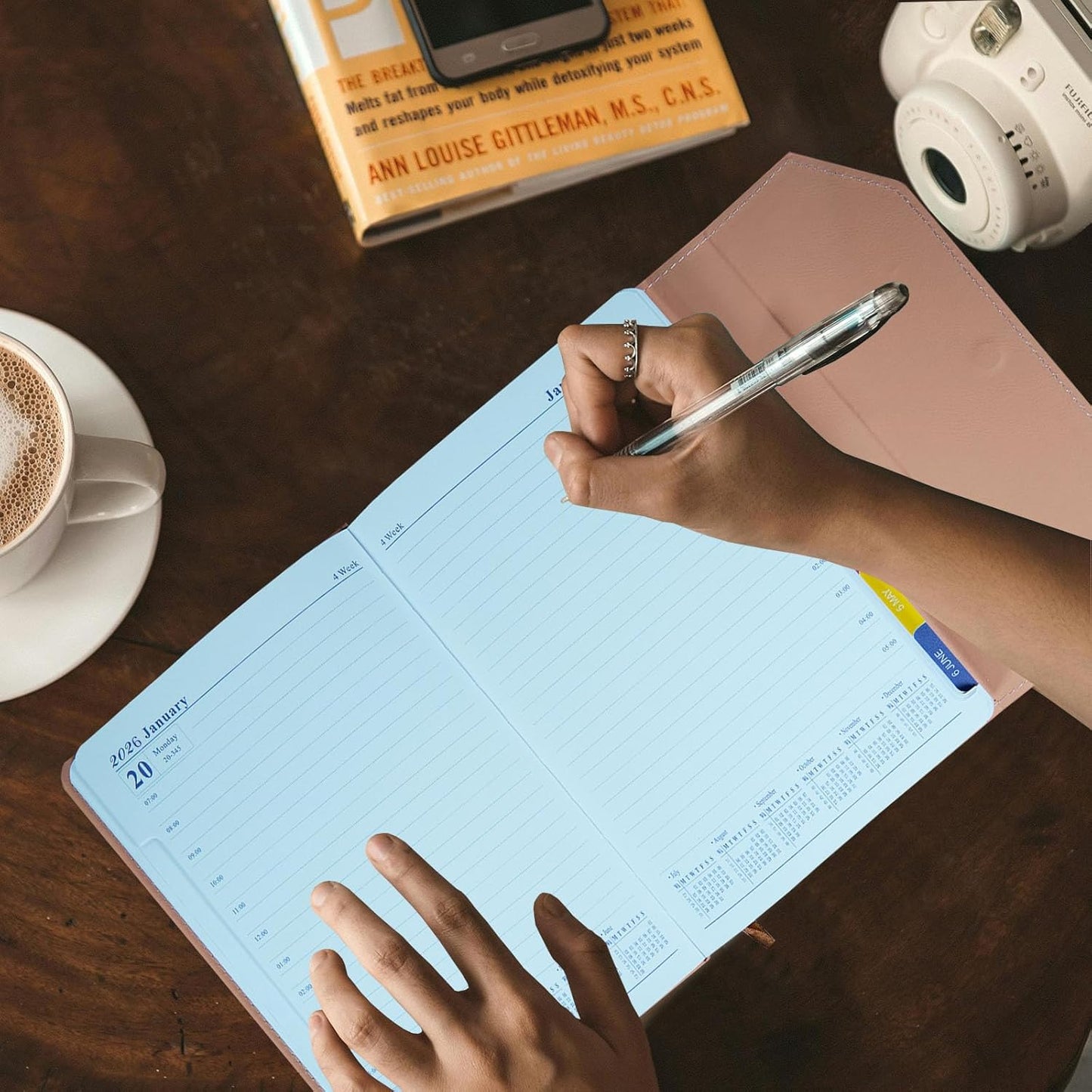 2026 Daily Monthly Planner - Calendar, January - December 2026, 100GSM Thick Paper, Leather Cover, Planner with Hourly Schedule,6.1" x 8.2", Daily Inside Page - Monthly Inside Page, Pen Holder, Bookmarks (Pink)