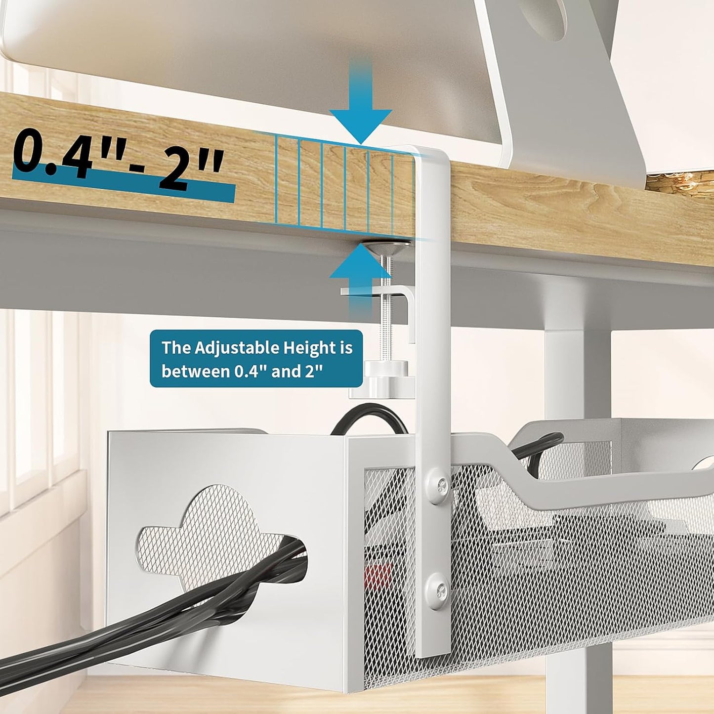 Under Desk Cable Management Tray, Litwaro No Drill, Metal Tray with Clamp for Wire Management, Cord Organizer Home Office Damage to Standing Desk, White, 13.38''