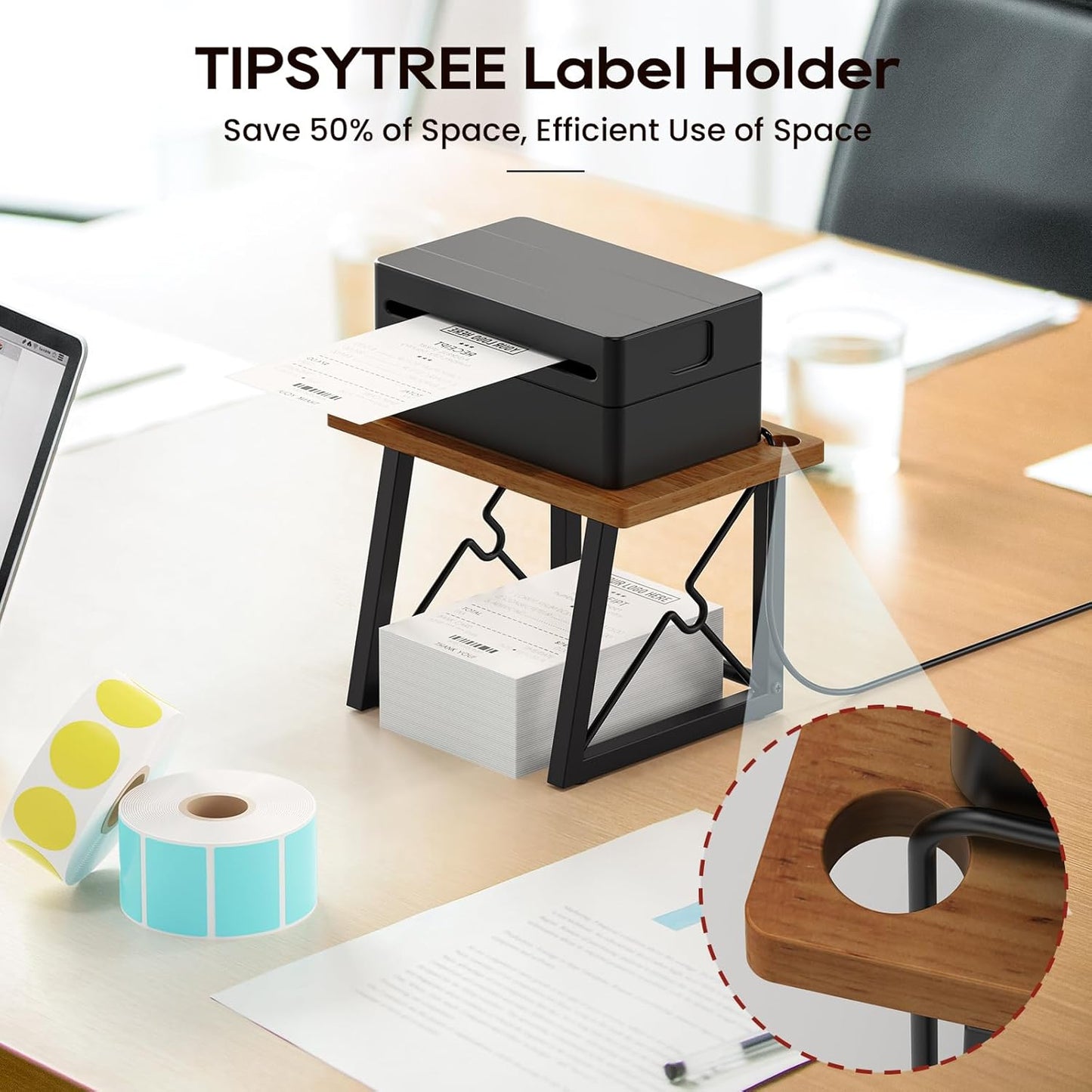 Label Holder for Rolls and Fan-fold Labels, Wooden Label Holder for Desktop Thermal Label Printer, Shipping Printer Accessory for Home, Office, Small Business (Black Walnut)