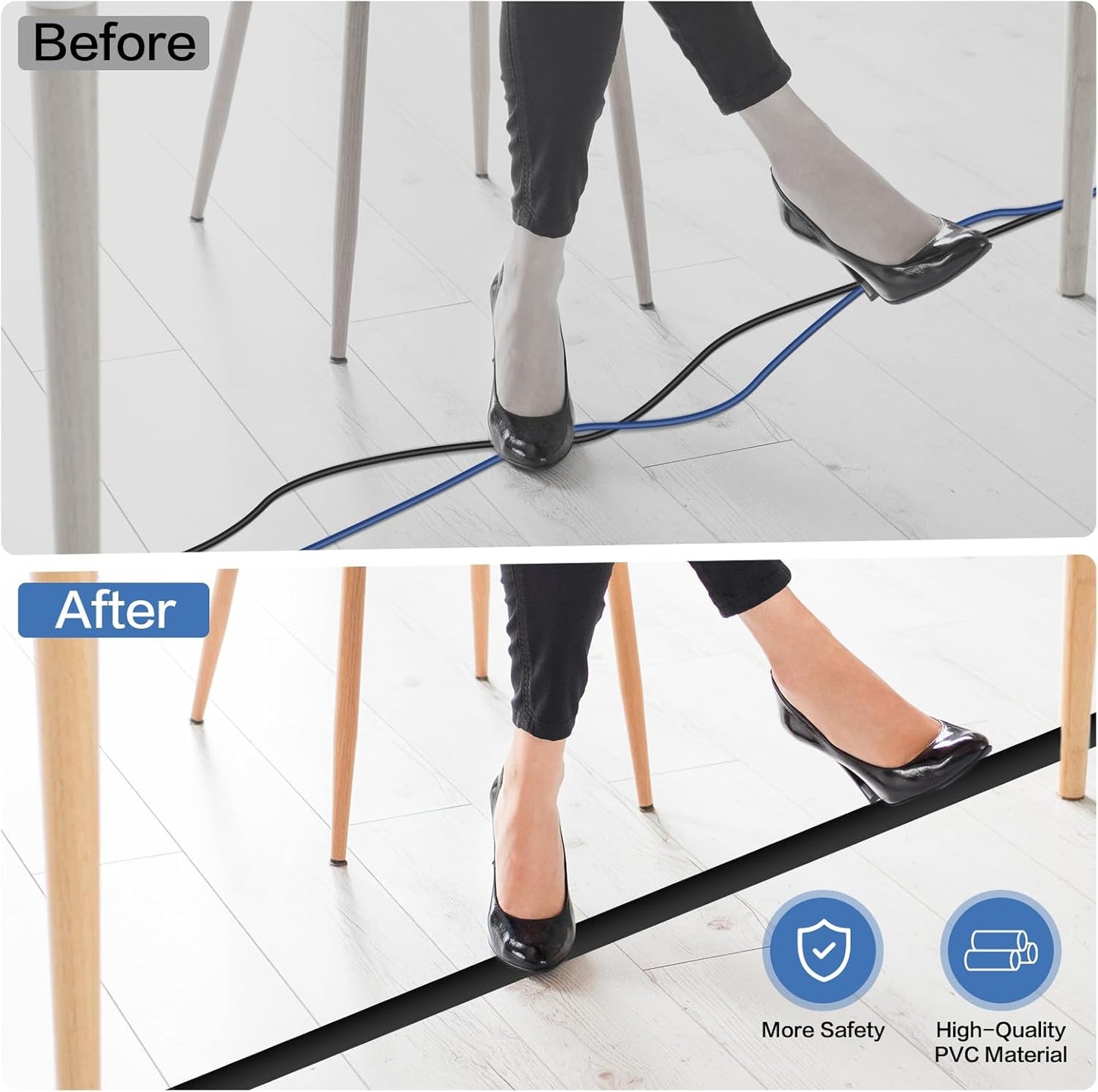 Floor Cord Cover Self Adhesive Cord Hider Floor Extension Cord Covers for Floor Power Cord Protector Cable Management Prevent Cable Trips Cable Cavity 0.59" W x 0.31" H (Black, 3.3Ft)