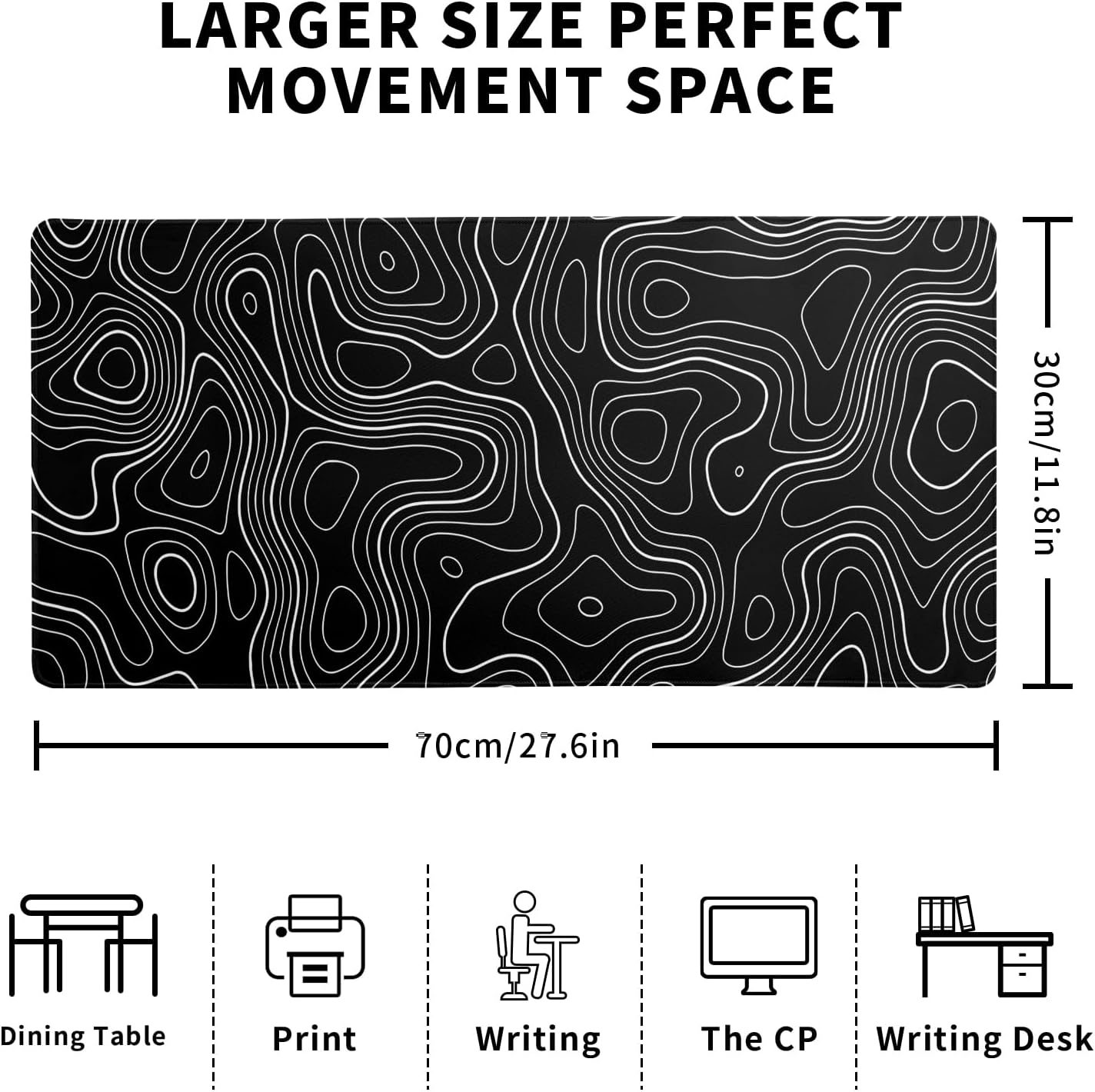 Topographic Contour Gaming Mouse Pad Black Large Mouse Pad for Keyboard and Mousepad Desk Mat with 3mm Non-Slip Base and Stitched Edge for Gaming and Office Computer Mat Protector Mat 27.6x11.8 Inch