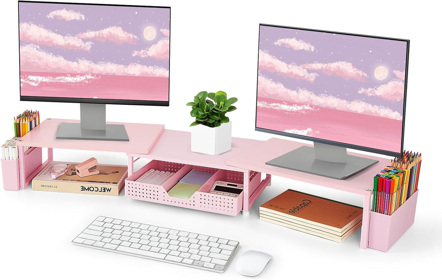 Desk Dual Monitor Stand Riser - Wood Desk Organizer with Drawer and Pen Holders, Office Desk Accessories & Workspace Organization, Computer Monitor Stand for Laptop Printer, Girl Pink