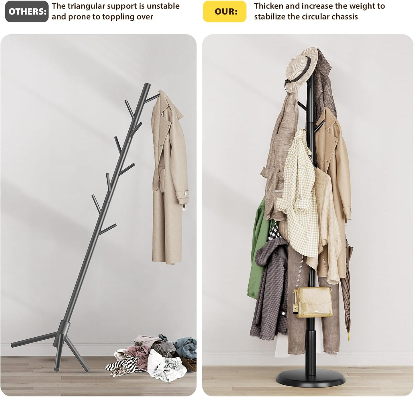 Solid Wood Coat Rack Freestanding Coat Tree with 10 Hooks for Bedroom, Livingroom, Entryway, Sturdy Coat Hanger Stand for Hats, Coats, Scarves, Handbags, Purses