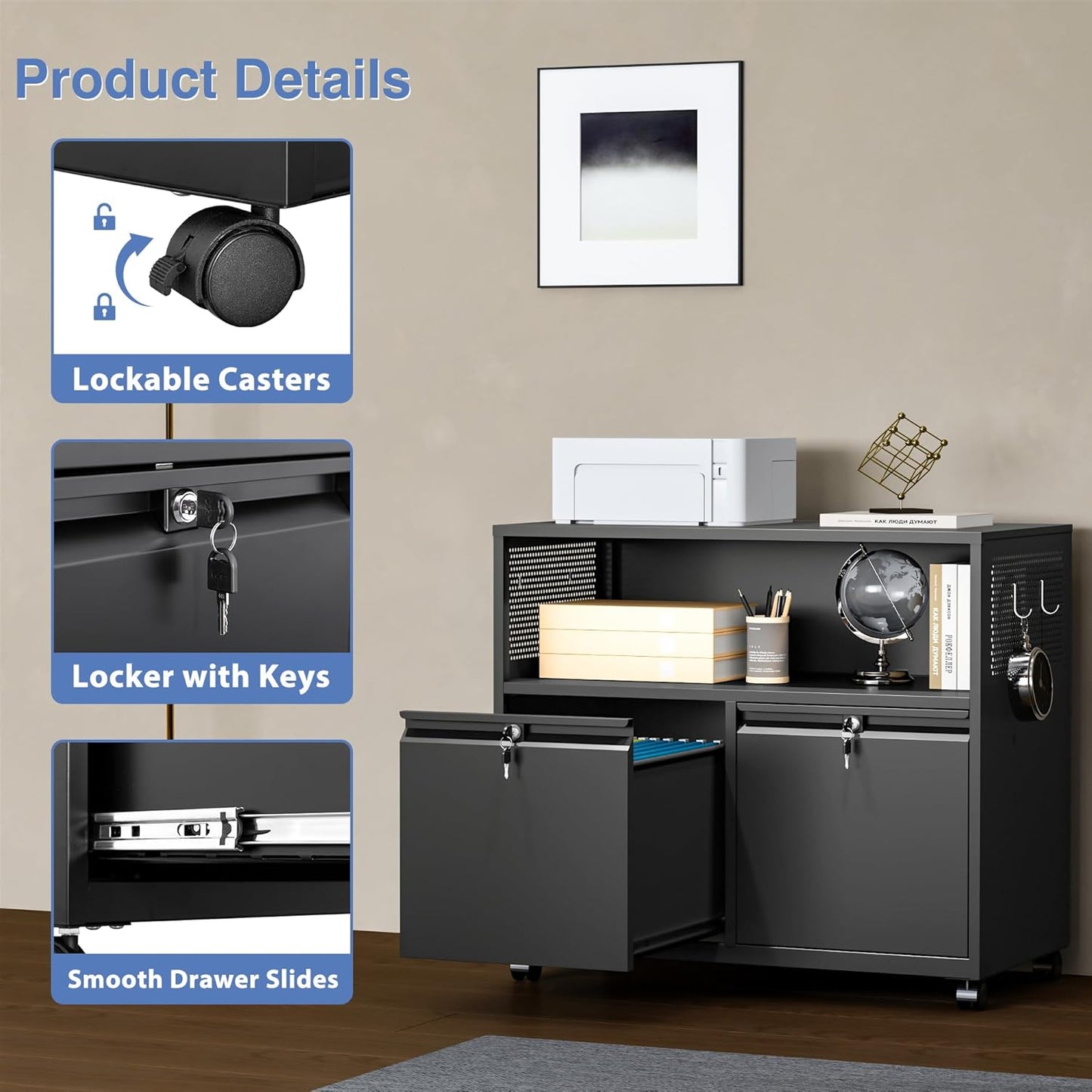 Metal File Cabinet,2 Drawer Filing Cabinet with Lock,Rolling Printer Stand Storage Cabinets with Shelves for Home Office Letter/Legal/A4 Size Files(Black)