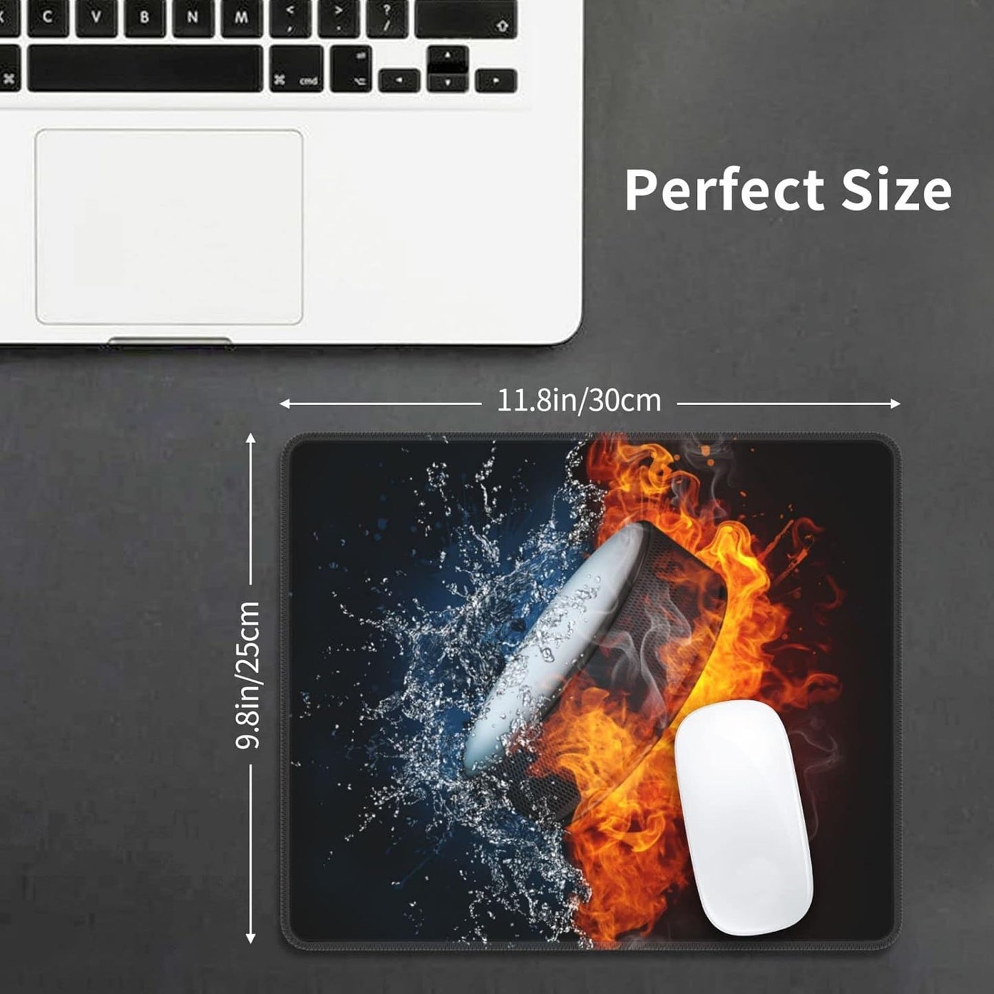 Boys Gaming Mouse Pad with Hockey Ball Fire Water Pattern, Large 12 x 10 inch Mouse Pads with Stitched Edge for Home Office Computer Laptop Non-Slip Rubber Base Desk Mat for Wireless Mouse