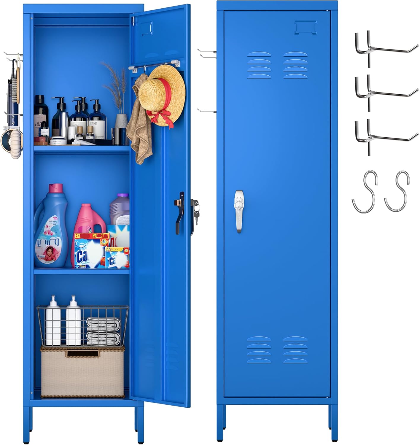 Aobabo Metal 54" H Metal Storage Locker for Employees, Lockable 1 Door with Towel Rack and 2 Side Pegboards with Hooks for School Office Gym Home, Assembly Required (Blue)