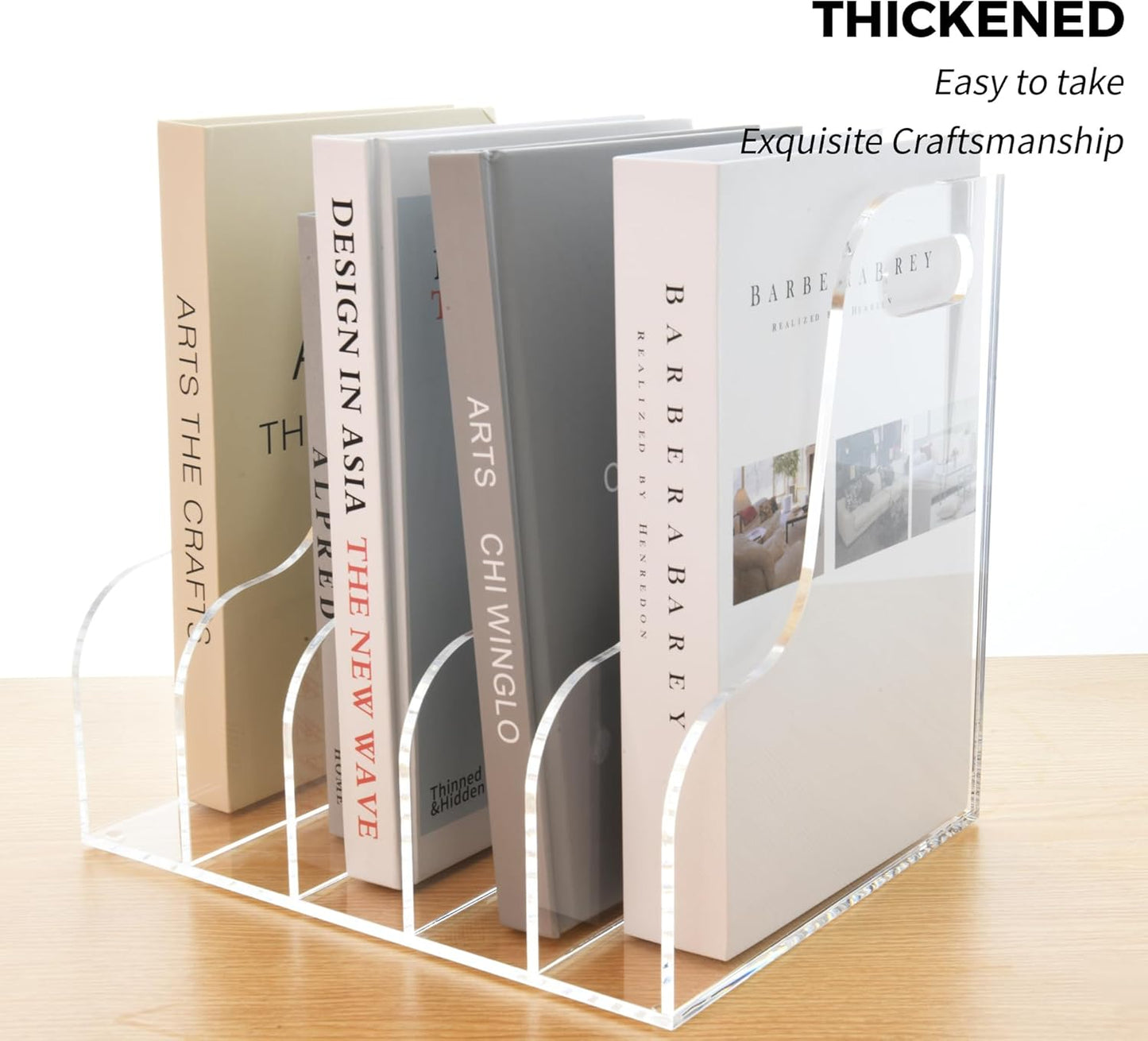 5 Vertical Compartments File Holder, Clear Acrylic Desk Organizer and Storage Bins Holding for Magazines, Binders, Notebooks, Envelopes, Multi-purpose Document Organizer for Home Office