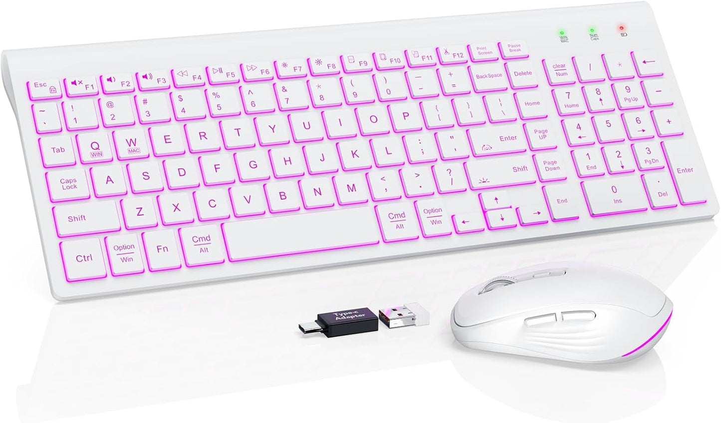 SABLUTE Wireless Keyboard and Mouse Combo Backlit - Compact Quiet Keyboard with RGB Mouse, Rechargeable, Slim, Sleep Mode, Portable Cordless Keyboard Mouse Set for Mac, Windows, Laptop (Polar White)