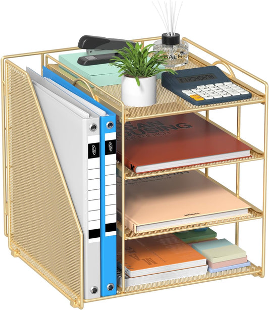 Desk File Organizer and Accessories, 4-Tier Paper Organizer with Vertical File Holder, Office Desk Accessories & Workspace Organizers and Storage for Office Supplies (Gold)