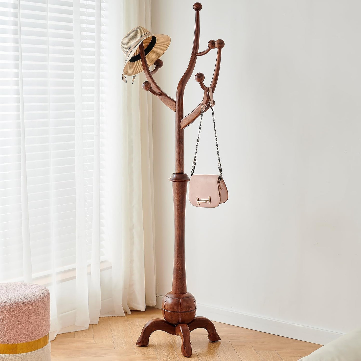 Entryway Wood Coat Rack Stand with Tree Branch Hooks, Freestanding Wooden Hat Coat Tree