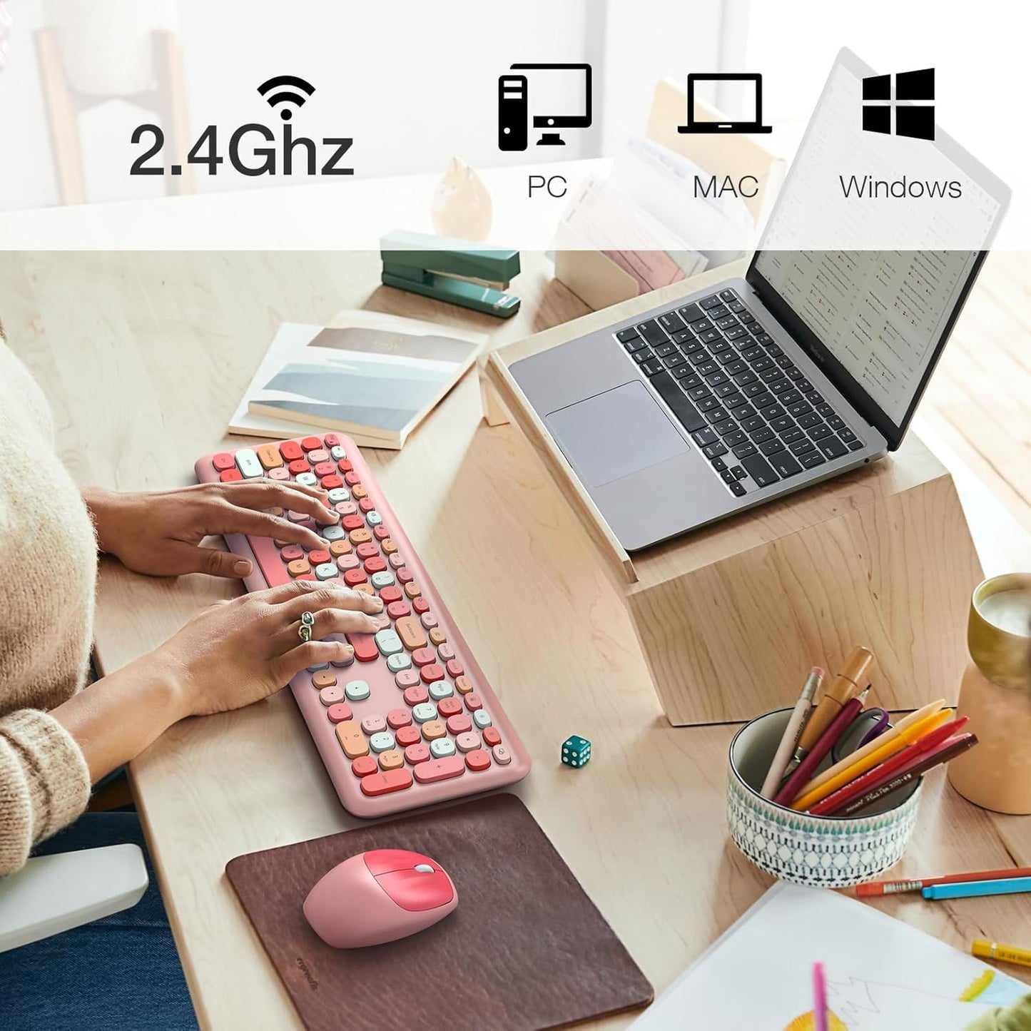 MOFII Wireless Keyboard and Mouse Combo, Colorful Full Size Keyboard with Number Pad, Silent Cute Wireless Mouse, 2.4GHz Dropout-Free Connection, for PC Laptop Computer (Pink Color)