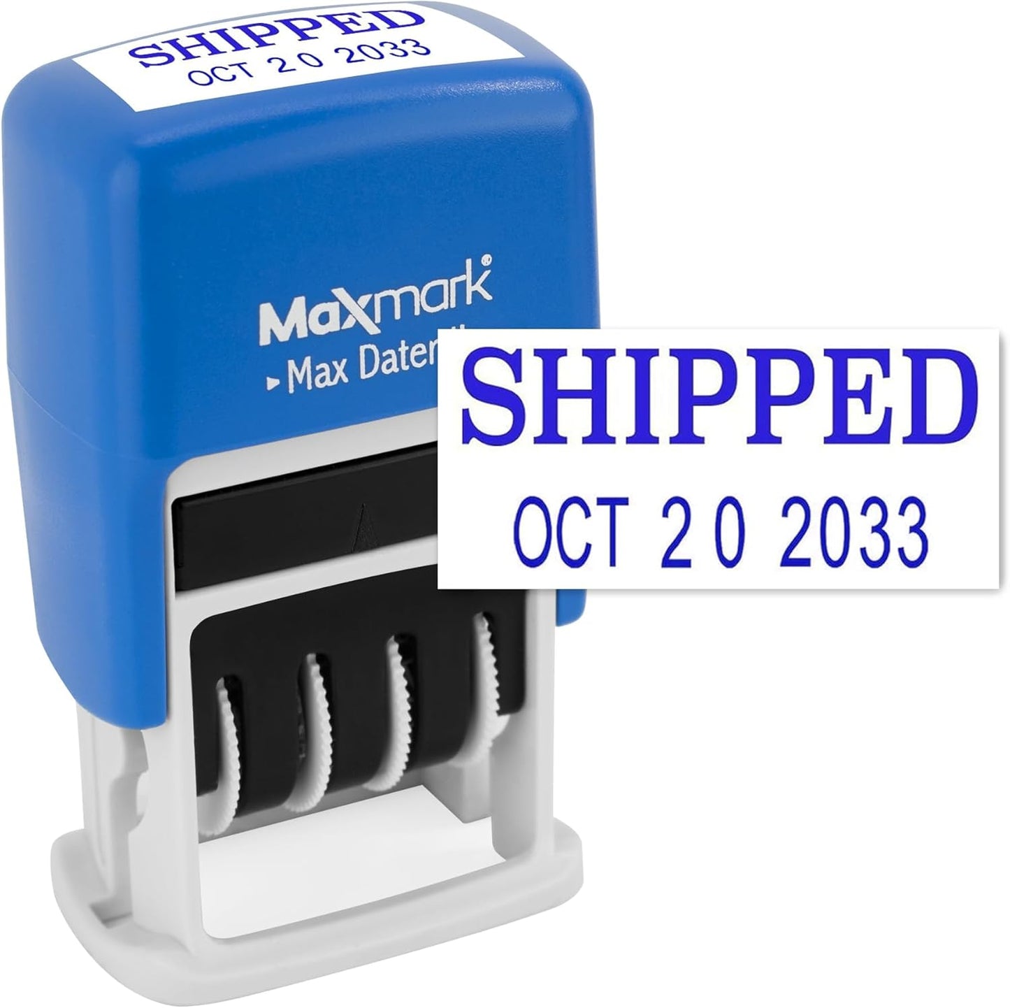 MaxMark Self-Inking Rubber Date Office Stamp with Shipped Phrase & Date - Blue Ink (Max Dater II), 12-Year Band