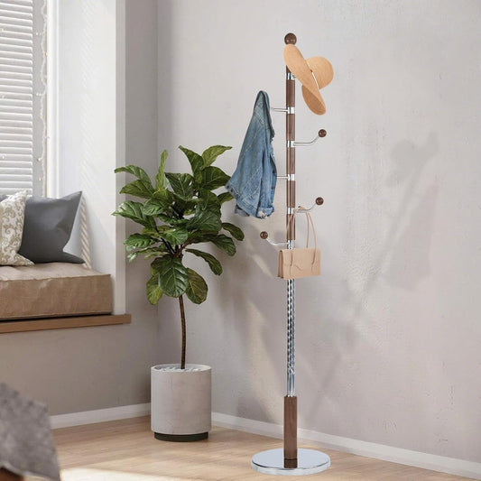 Wooden Coat Rack Freestanding with Resin Hooks, Adjustable Heavy Duty Stand for Hanging Coats, Bags, Hats, and Umbrellas in Living Room, Bedroom, Entryway (Cherry color-metal)