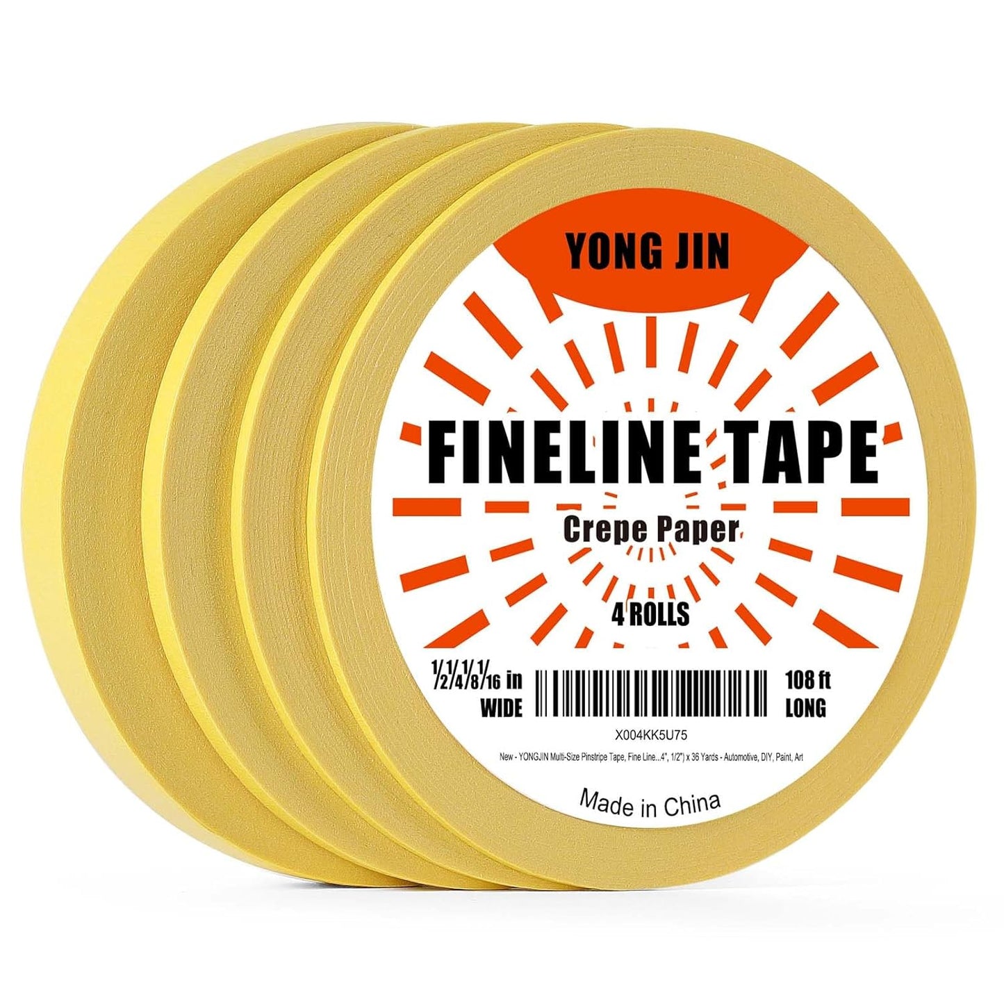 YONGJIN Multi-Size Pinstripe Tape, Fine Line Masking Tape Set for Automotive, DIY, Paint, Art (1/16", 1/8", 1/4", 1/2")
