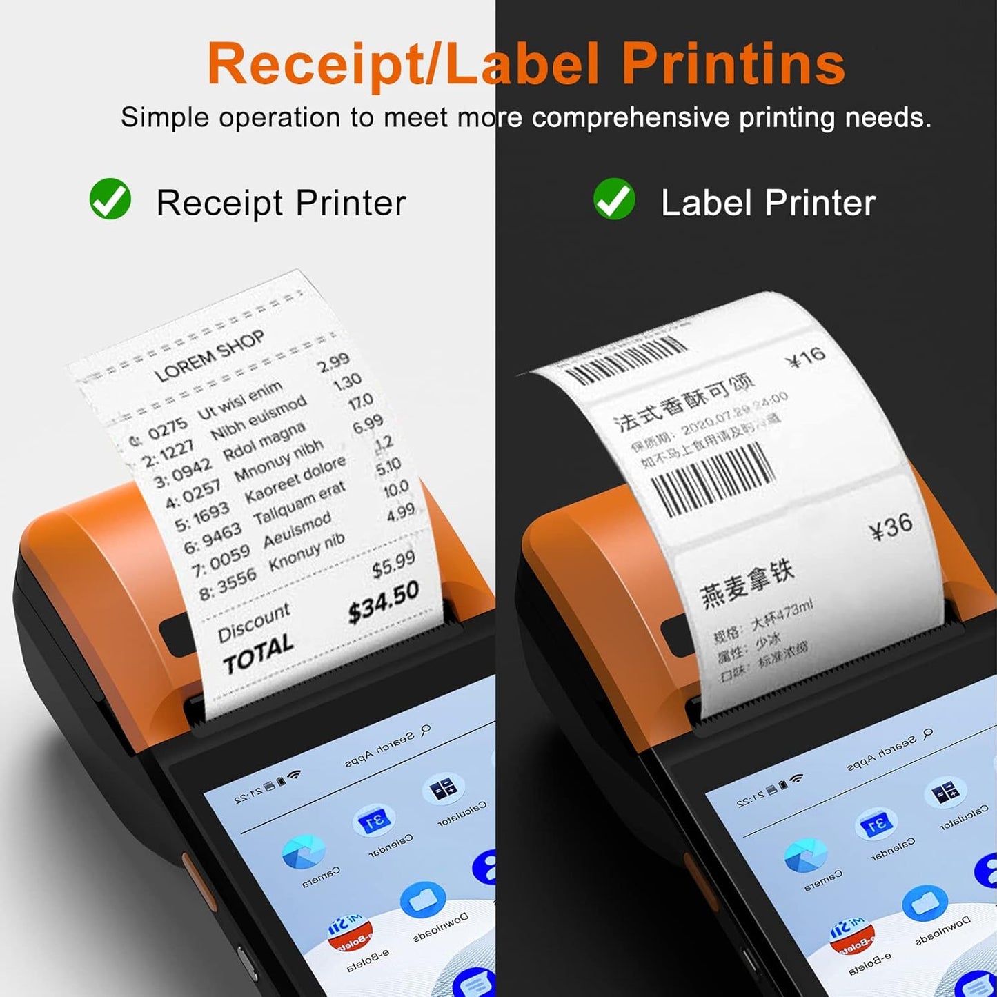 symcode POS PDA Printer Mobile POS Machine Terminal Thermal Receipt Printer 5.99" High Resolution and Clear Touch Screen Handheld PDA Printer Android 8.1 OS Support 4G WiFi Bluetooth with NFC