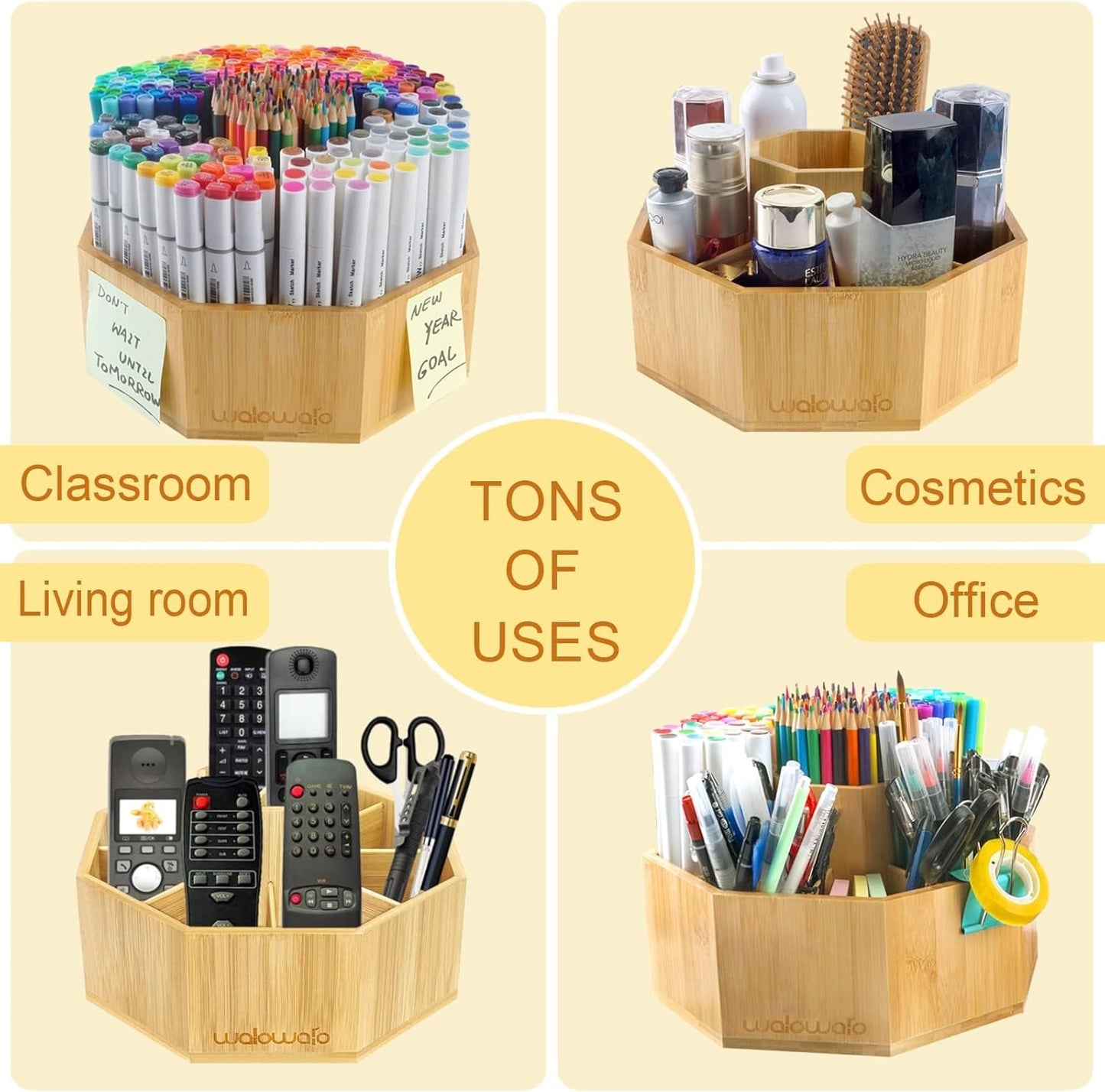 walowalo Bamboo Rotating Art Supply Organizer Holds 800+ Pencils Spinning Crayon Marker Pen Holder for Desk Brush Storage for Office School Classroom Organization Stationary (Larger Version)