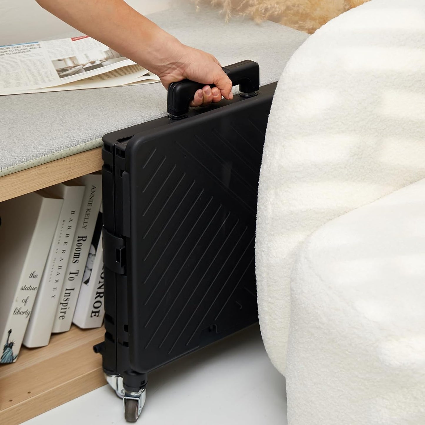 Folding Utility Cart Portable Rolling Crate Handcart Shopping Trolley Collapsible Tool Box, with Lid, Basket on 4 Rotate Wheels, for Grocery, Office, Luggage, Teacher (Black)