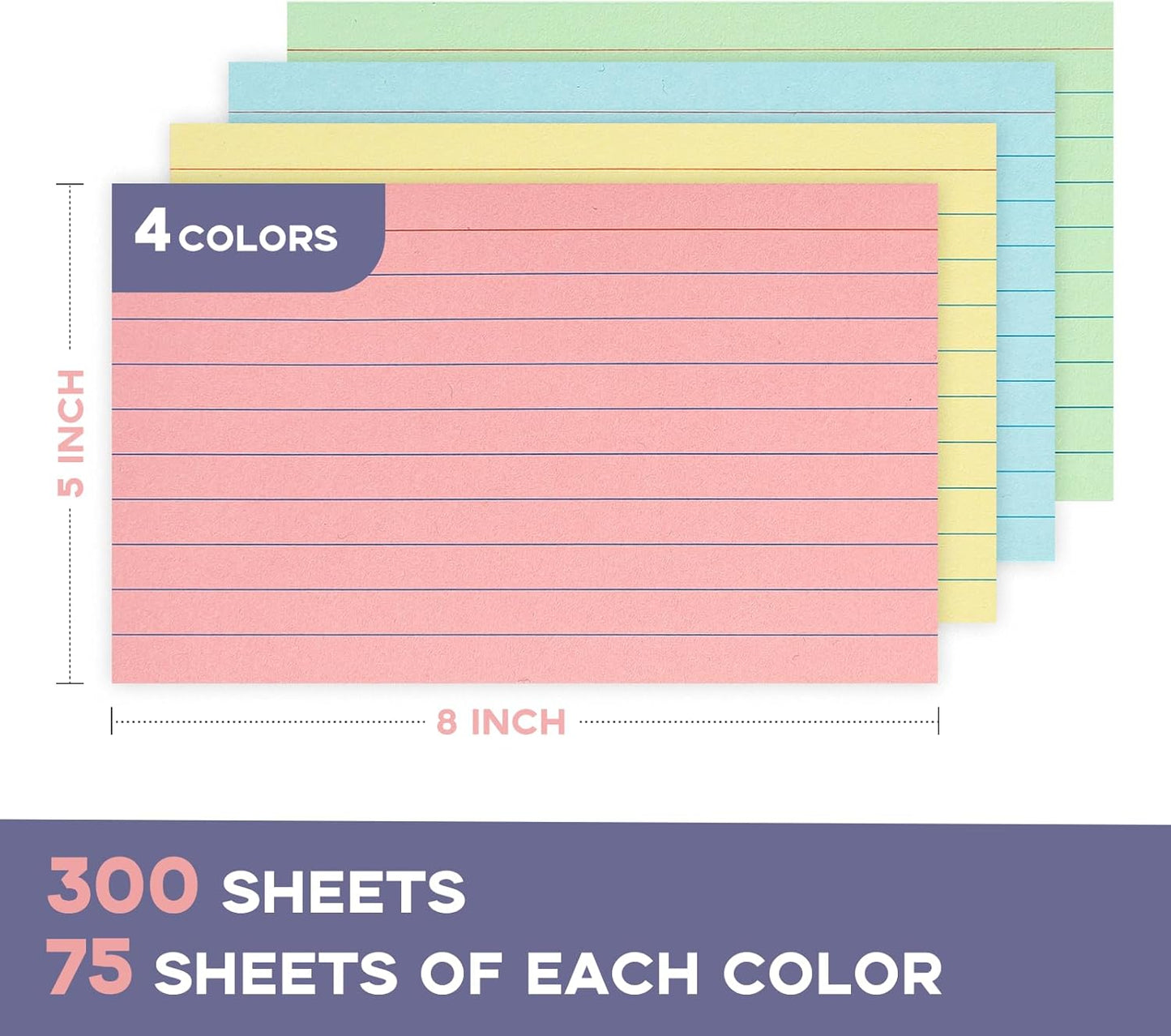 300PCS Colored Index Cards 5x8, Goefun Ruled Flashcards, 4 Color Notecards for Studying, Recipes, Memo Cards, Office Supply, DIY, Presentation