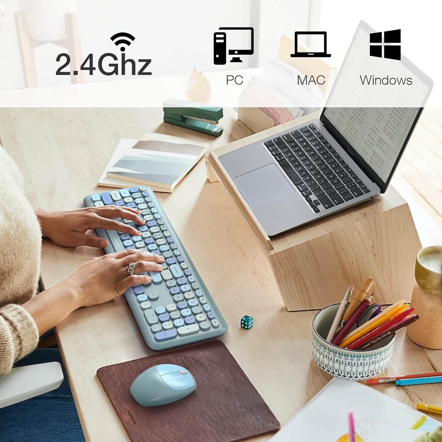 MOFII Wireless Keyboard and Mouse Combo Silent, Slim Compact 2.4G USB Full Size, Cute 110 Keys Keyboard for PC, Notebook, MacBook, Tablet, Laptop, Windows System