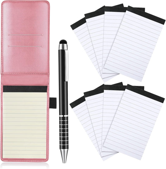 Outus 10 Pcs Pocket Notebook with Pen Set Included Mini Pocket Notepad Holder with 50 Lined Sheets, Metal Pen, 8 Pcs 3 x 5 Inch Memo Book Refills, 30 Lined Paper Per Note Pad (Pink)