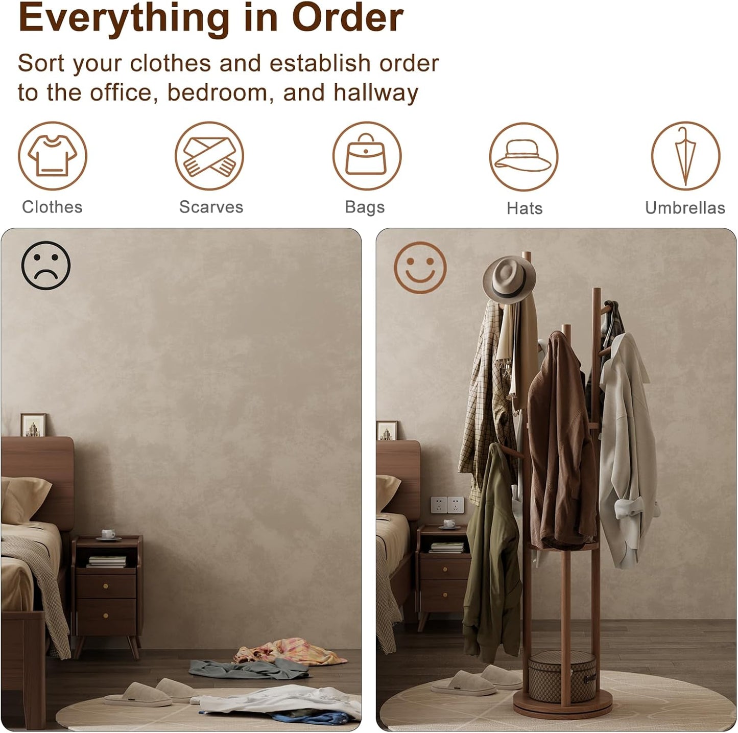 Solid Wood Rotary Coat Rack, Freestanding Coat Rack with 3 Shelves and 9 Hooks, Coat tree for Bedroom, Entryway, Livingroom, Coat Hanger Stand for Coats, Scarves, Handbags (Walnut)