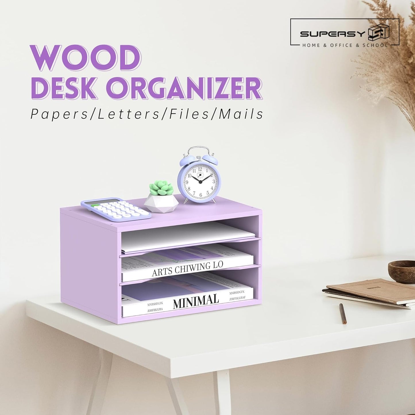 SUPEASY Wood Desk Organizer, 3 Tier Paper File Organizer for Desk, Wooden Desktop Organizer, Paper Letter Literature Mail Sorter, for Office School & Home Organization, Purple