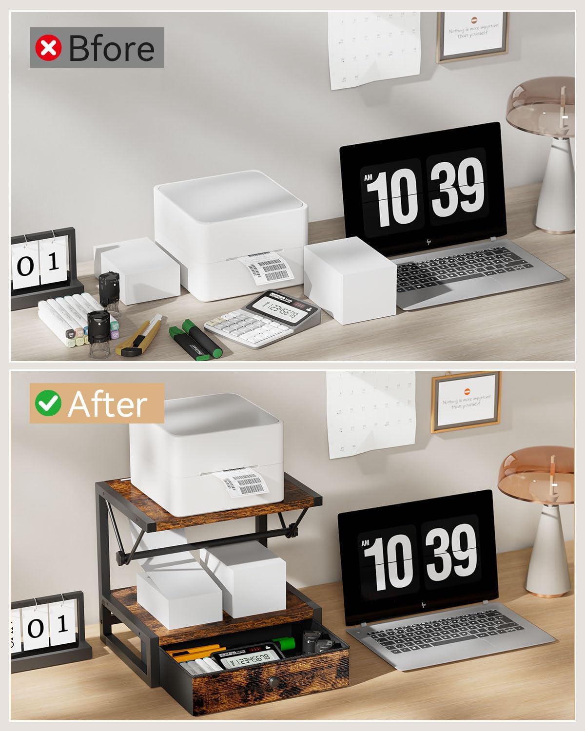 IBUYKE Label Holder for Rolls and Fan-Fold Labels,Wooden Thermal Shipping Label Stand with Drawer Desktop Printer Holder for Home, Office, Small Business,Brown TPS003H