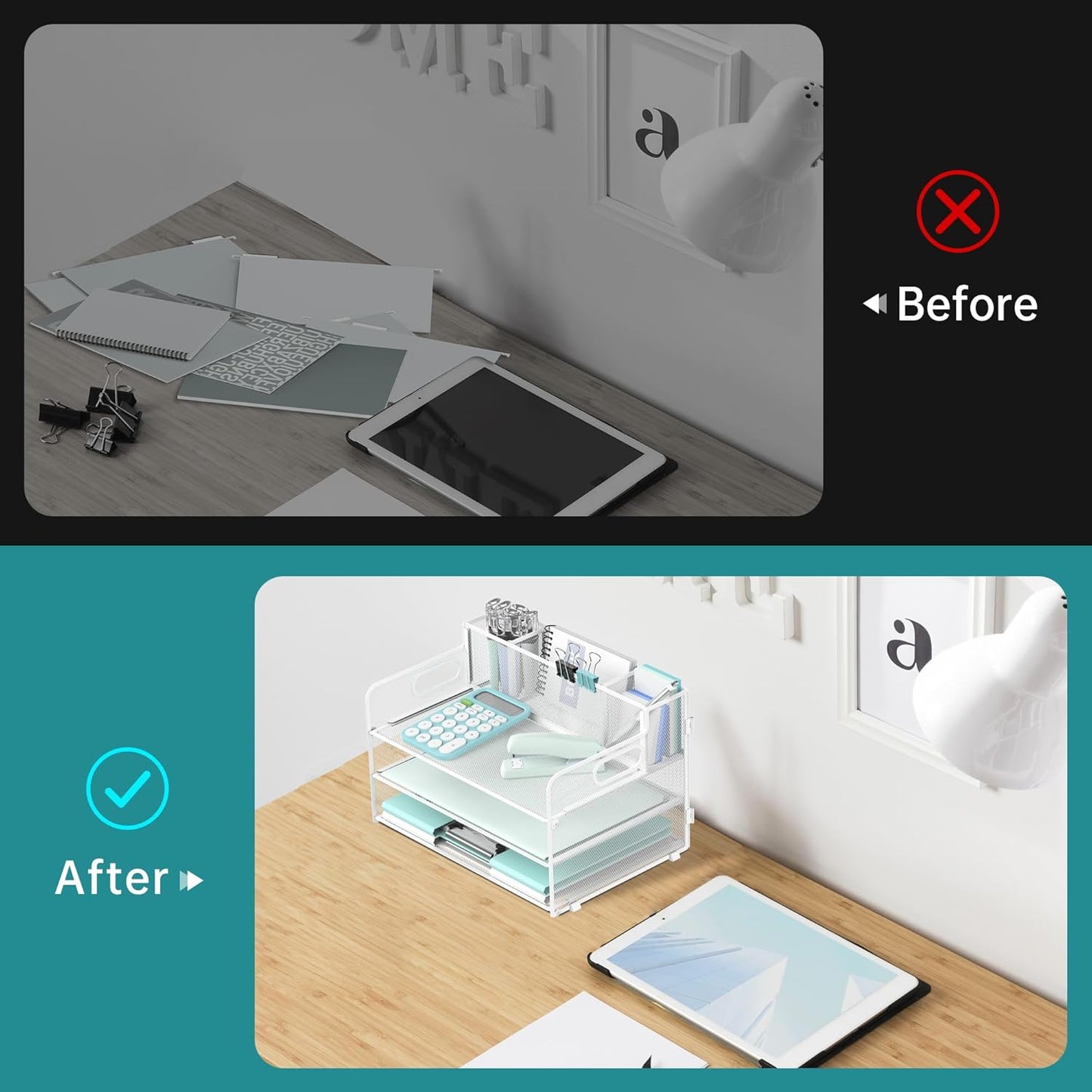 SUPEASY 3 Tier Desk Organizer with Handle & 3 Pen Holders, Mesh Paper/File Organizer for Desk, Paper Letter Tray Organizer for Office Supplies (White), 1 Pack, 3CST-3PH