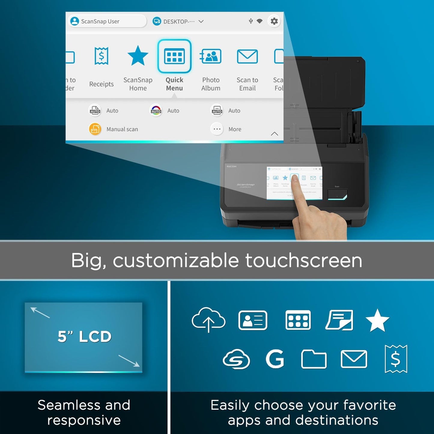 ScanSnap iX2500 Wireless or USB High-Speed Cloud Enabled Document, Photo & Receipt Scanner with Large 5" Touchscreen and 100 Page Auto Document Feeder for Mac or PC, Black