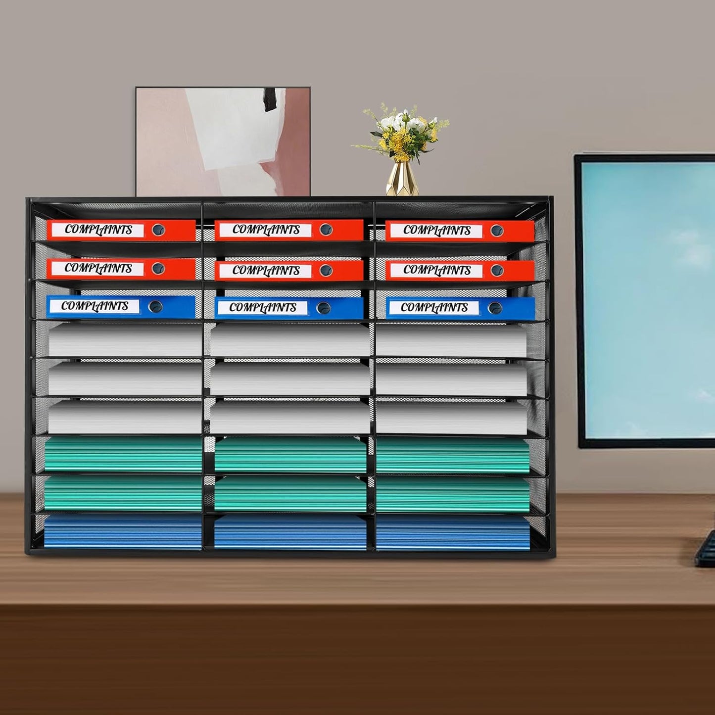 Metal Literature Organizer, File Sorter Paper Organizer Storage Holder 27 Slots Desktop File Organizer Mail Storage Rack Student Mailboxes for Classroom(27-Slot Metal)
