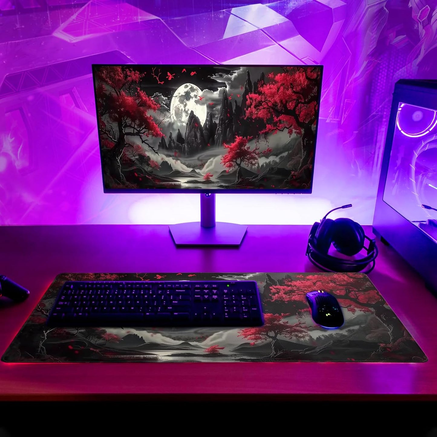 Mousepad 31.5 x 11.8 inches, Large Gaming Mouse Mat with Non-Slip Base, Extended Anime Mouse pad, Full Keyboard Mat with Stitched Edges for Gaming and Office (Red Moon)