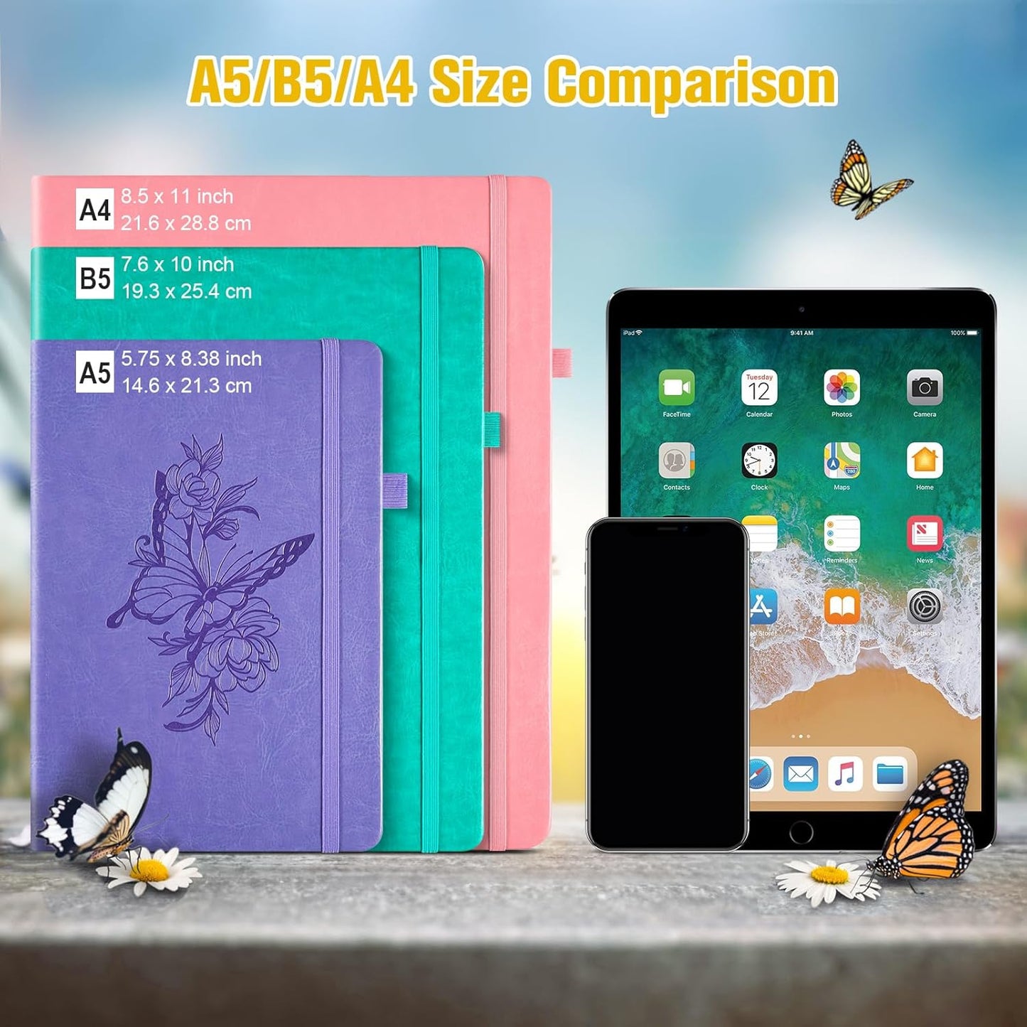 Lined Notebook Journal for Women, 312 Numbered Pages A5 Thick Leather Journal, 100gsm Paper Daily Journal for Work Travel, Hardcover College Ruled Notebook, Giftable Butterfly Floral Notebook, Yellow