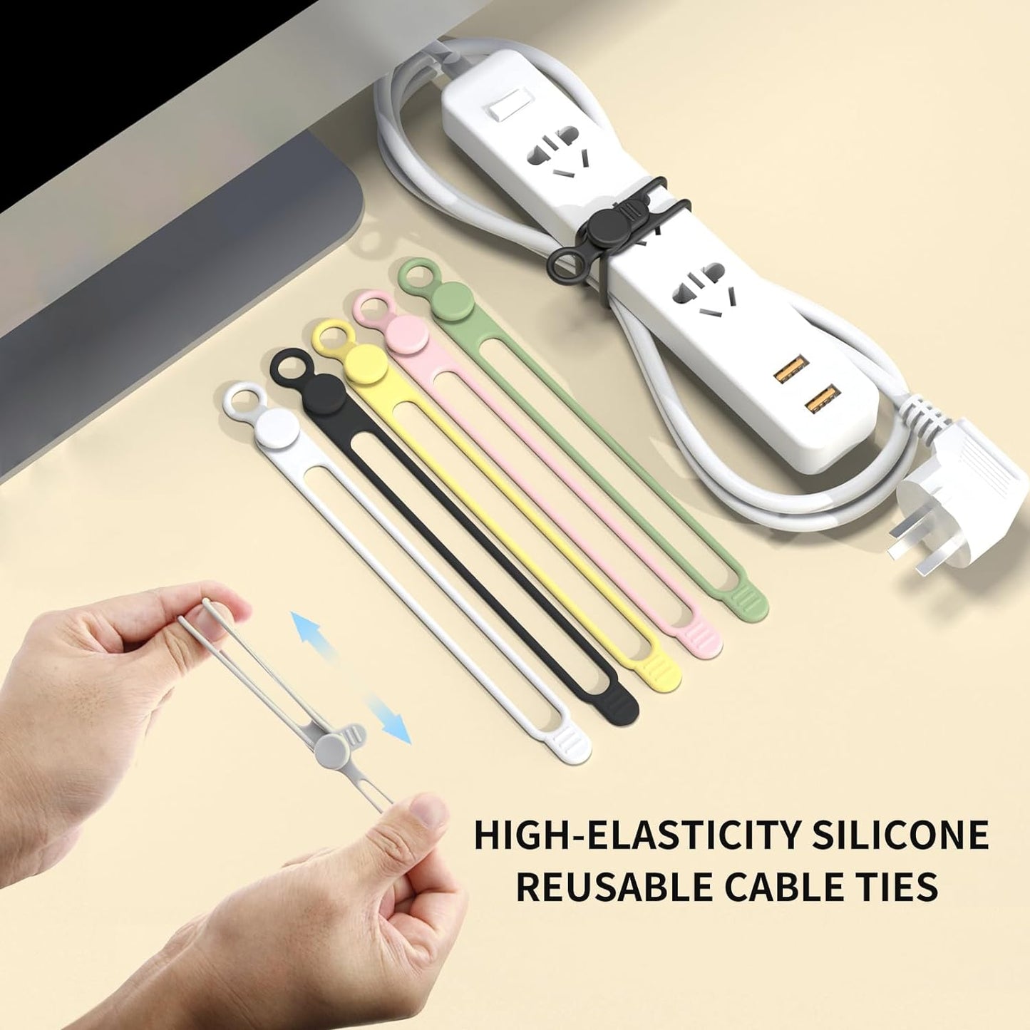 Silicone Cable Straps, 10pcs Extra-Long Reusable Hanging Organizer for Cables, Kitchen, Home, School (Black & White)