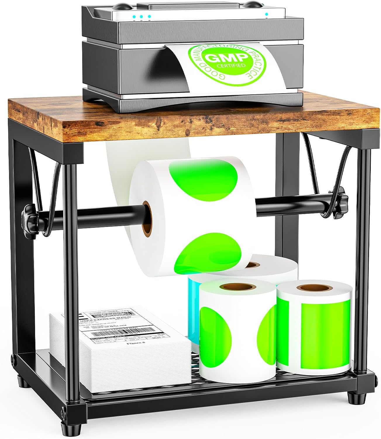 Label Holder for Rolls and Fan-Fold Labels, Wooden Sticker Dispenser for Desktop Thermal Printer, Sticker Roll Holder Organizer, Shipping Label Stand for Home, Office, Small Business (Black)