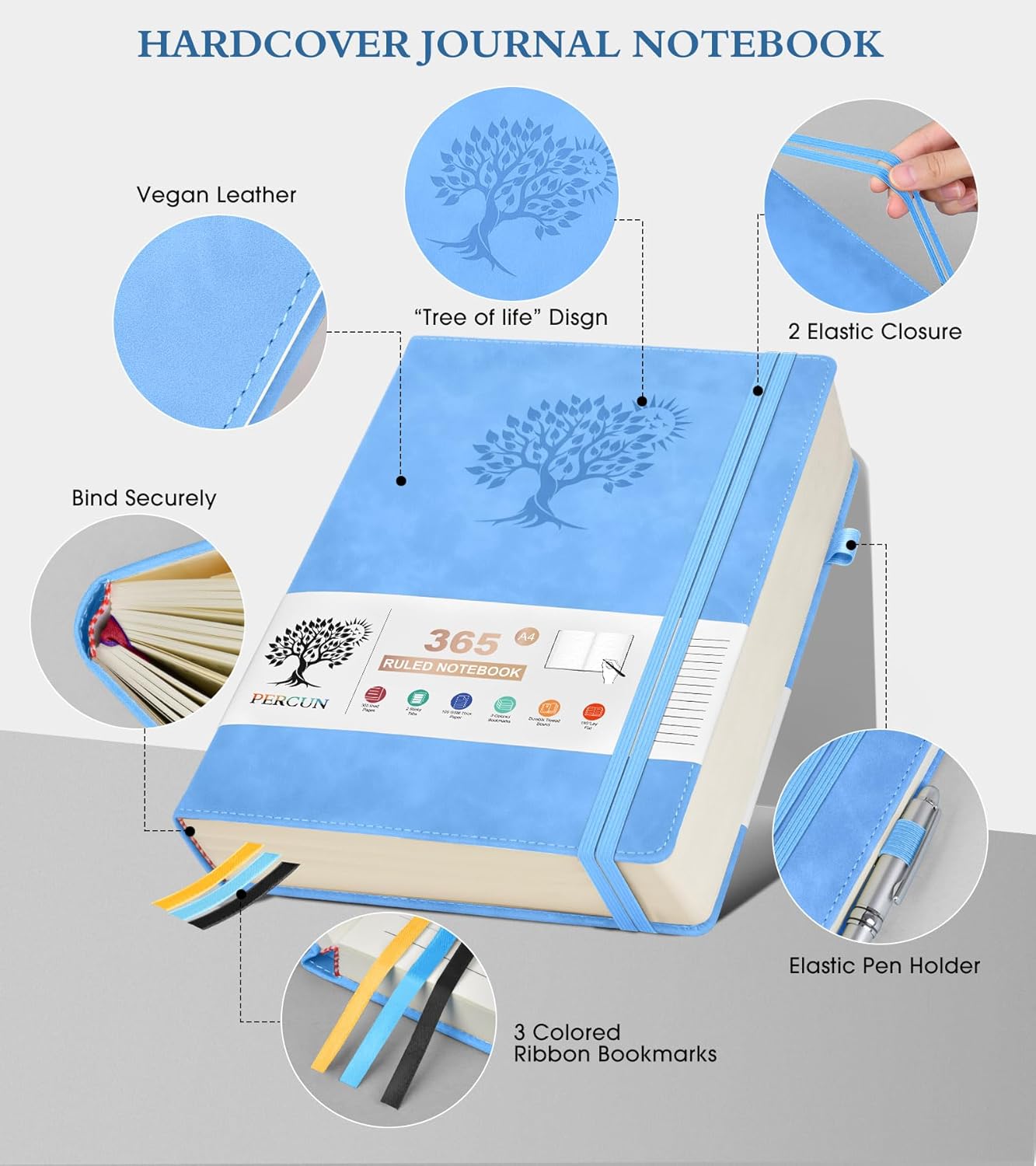 A4 Lined Journal Notebook，365 Page Large Leather Journals for Writing Women Men，Hardcover Notebook with 100Gsm Thick Pages for Travel，Work，School，College Ruled, Daily Diary (8.5" x 11.4")