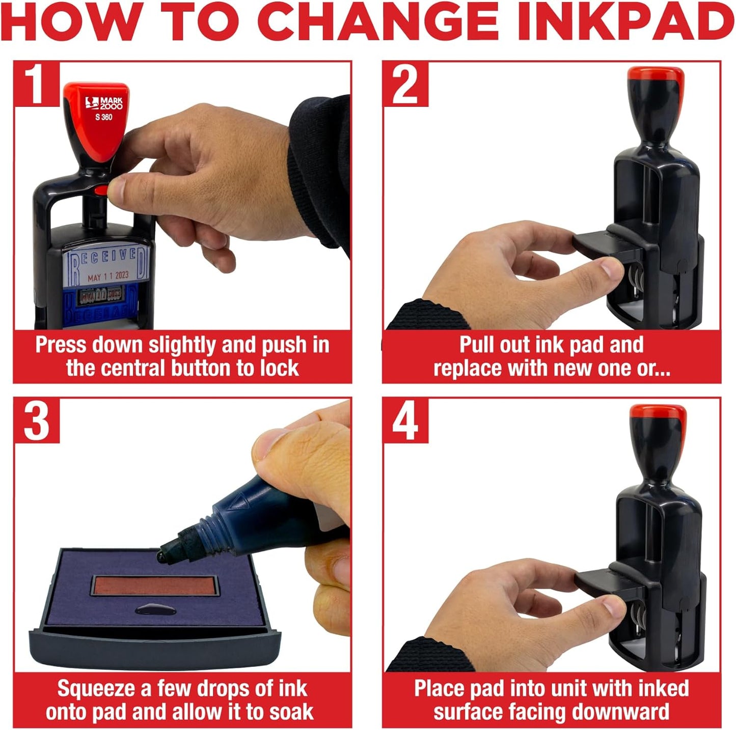 Self-Inking Rubber Date Office Stamp with Posted Phrase - Red Ink - 12-Year Band