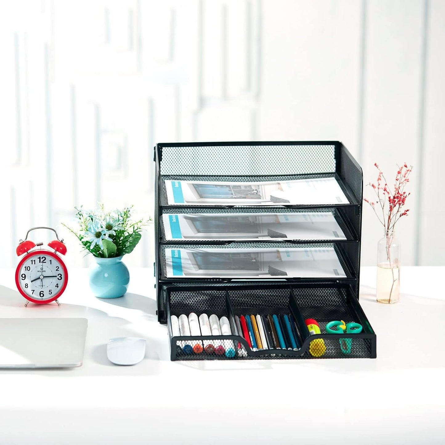 SETTFRFE 4 Tier Mesh Paper Letter Tray,Desk File Organizer with A Sliding Drawer,Office Supplies Desk Organizer for Home Office,Black.